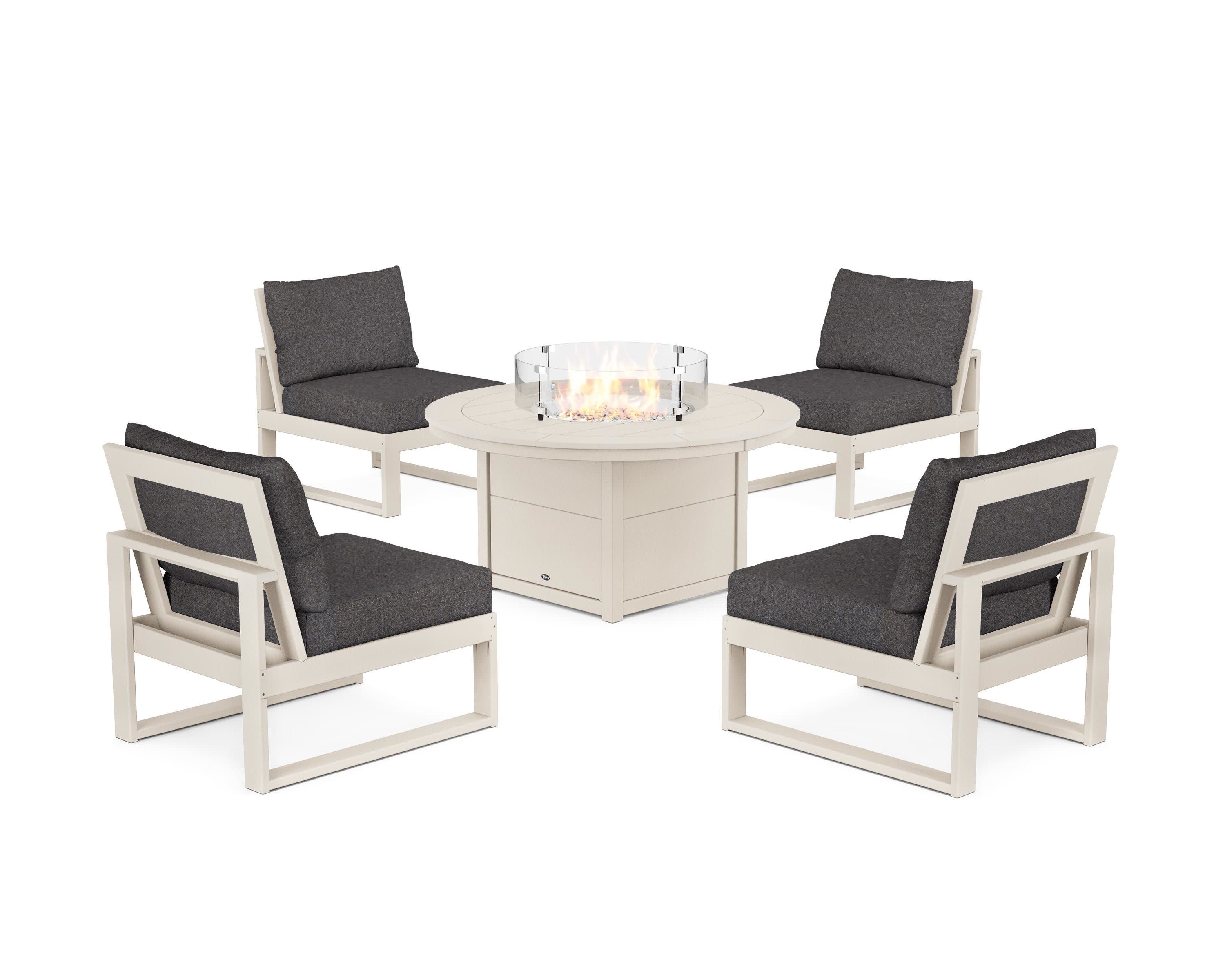 Eastport Modular 5-Piece Deep Seating Set with Round Fire Pit Table in Sand Castle / Ash Charcoal