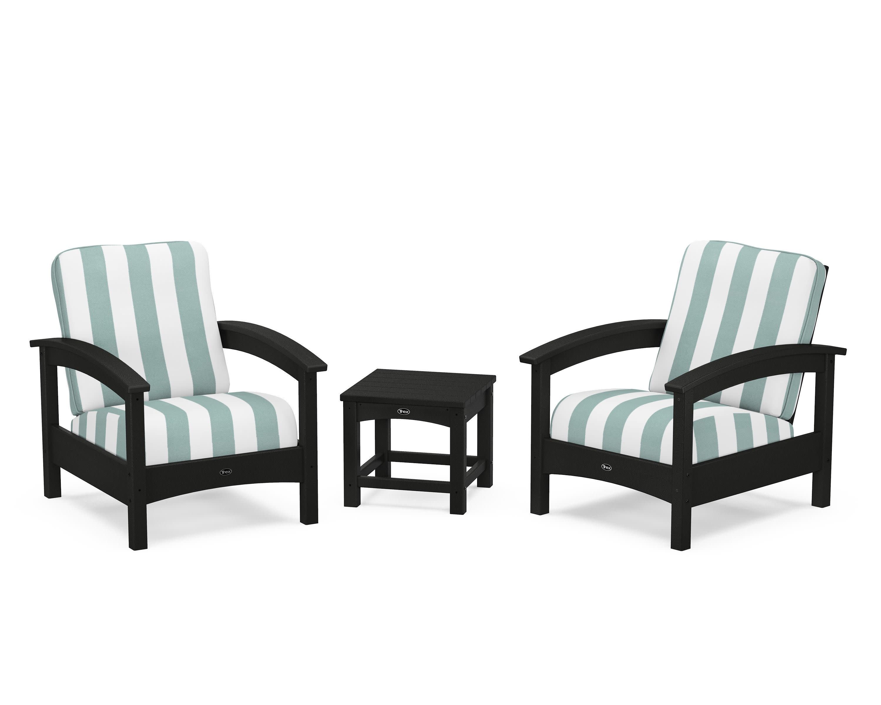 Rockport Club 3-Piece Deep Seating Conversation Set in Charcoal Black / Cabana Stripe Glacier Spa