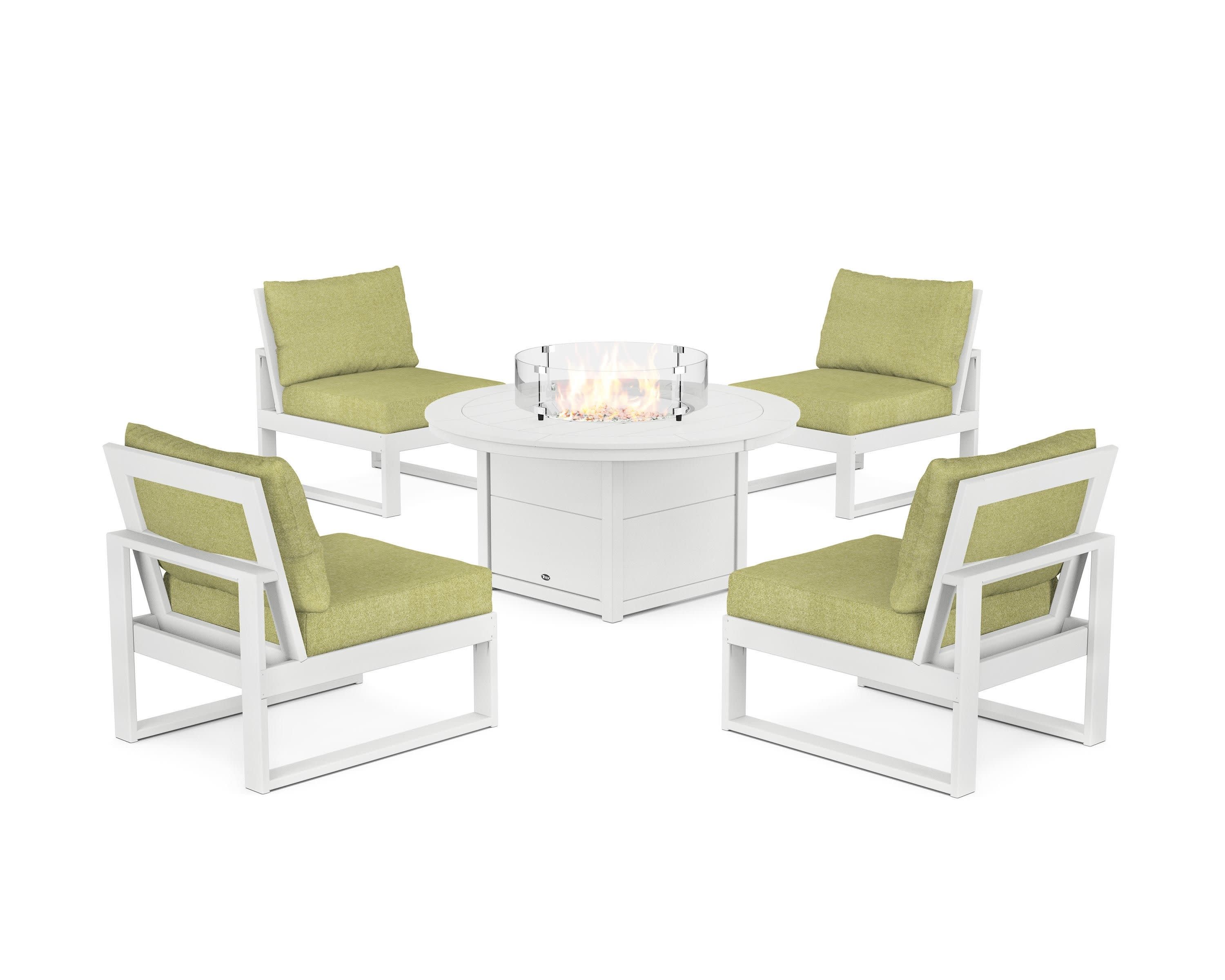 Eastport Modular 5-Piece Deep Seating Set with Round Fire Pit Table in Classic White / Chartreuse Boucle