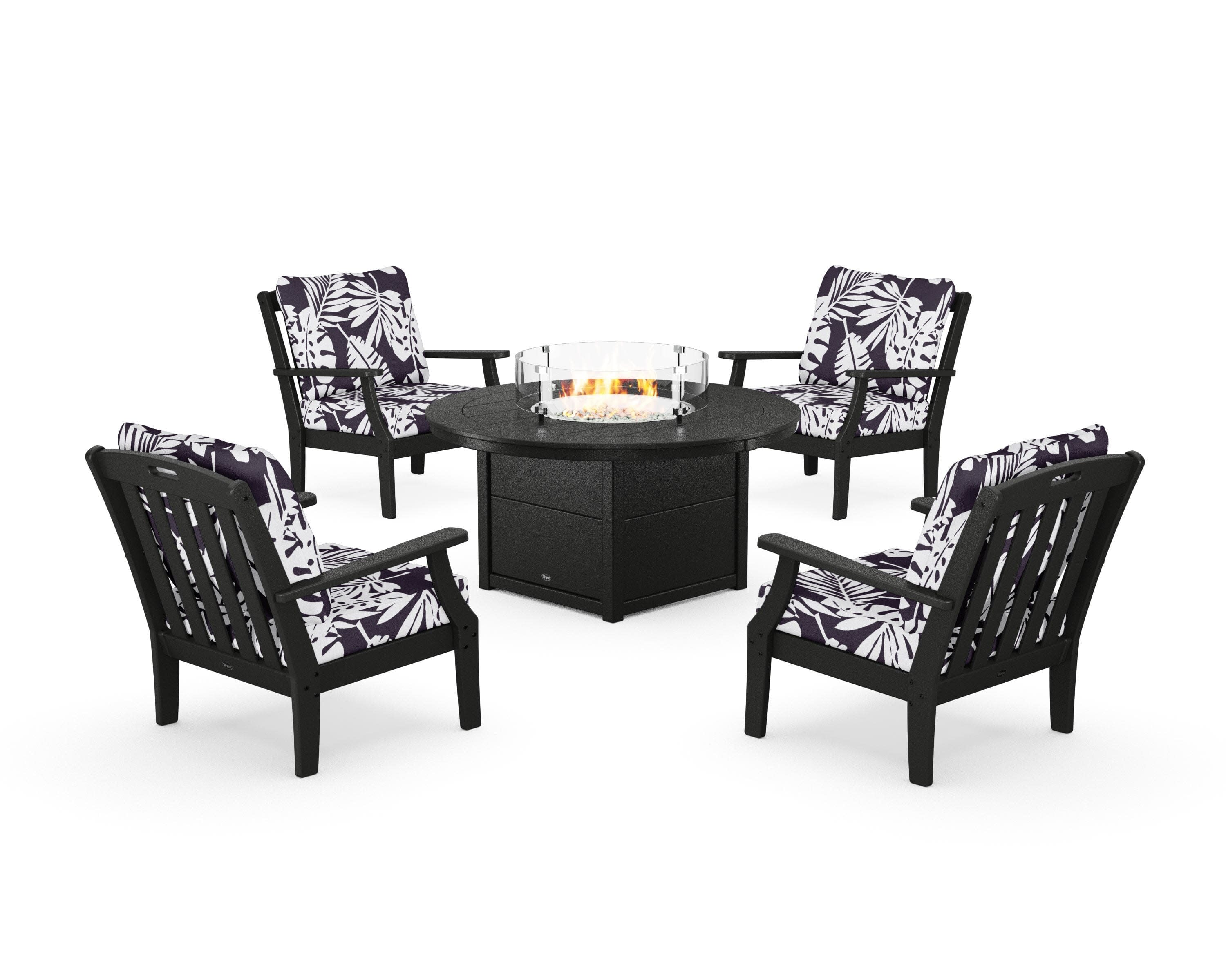 Yacht Club 5-Piece Deep Seating Set with Round Fire Pit Table in Charcoal Black / Leaf Navy