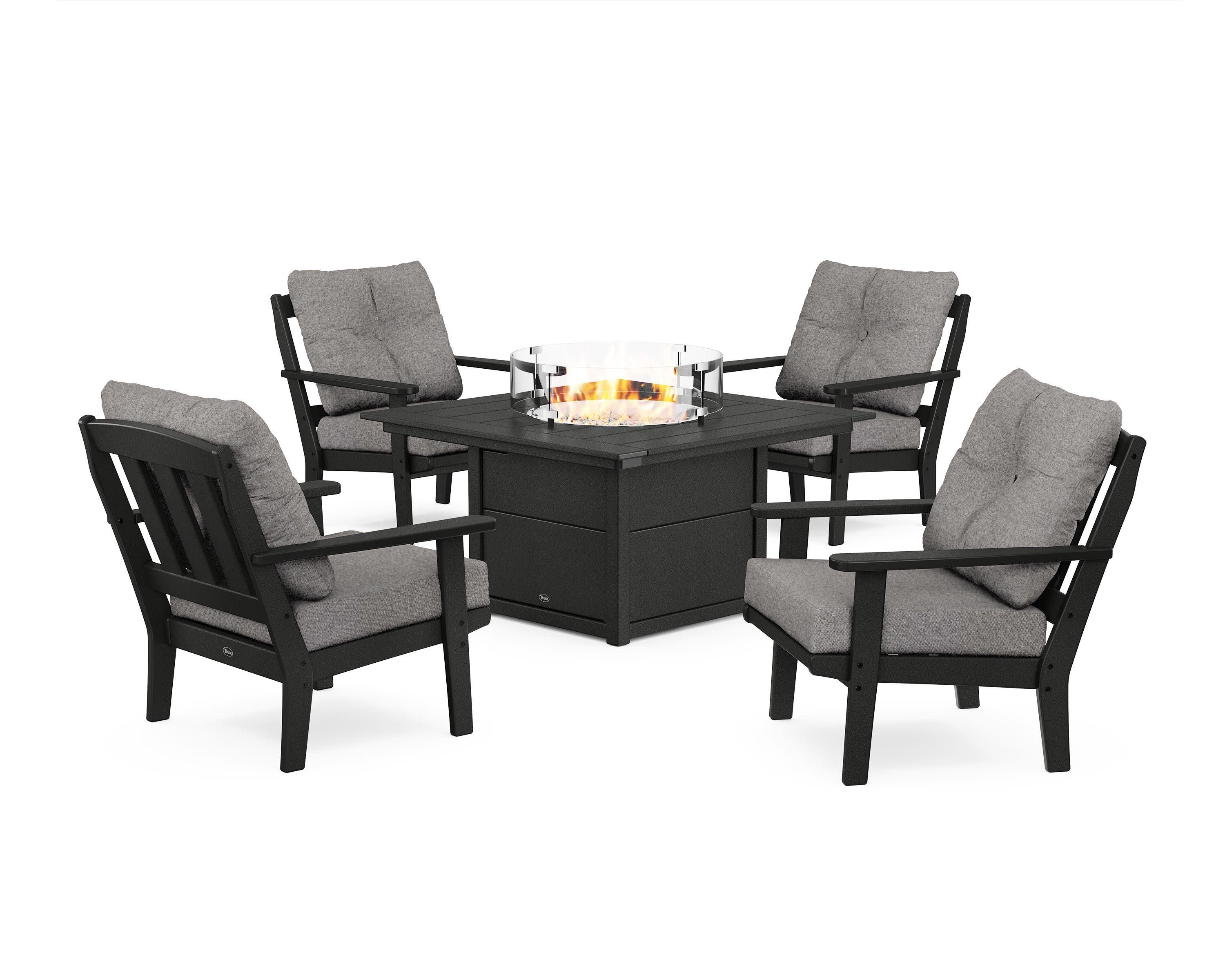 Cape Cod 5-Piece Deep Seating Set with Fire Pit Table in Charcoal Black / Grey Mist