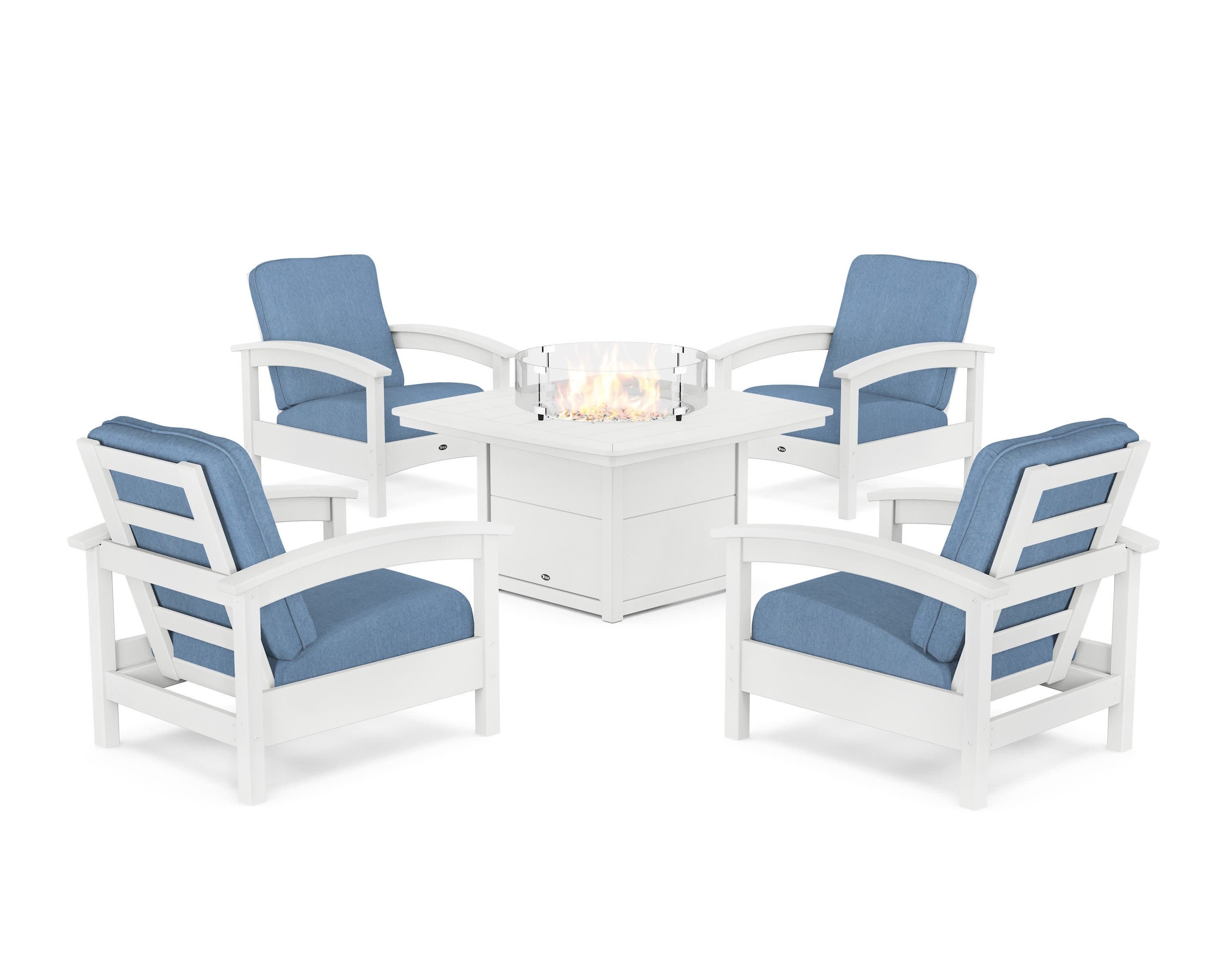 Rockport 5-Piece Deep Seating Set with Yacht Club Fire Pit Table in Classic White / Sky Blue