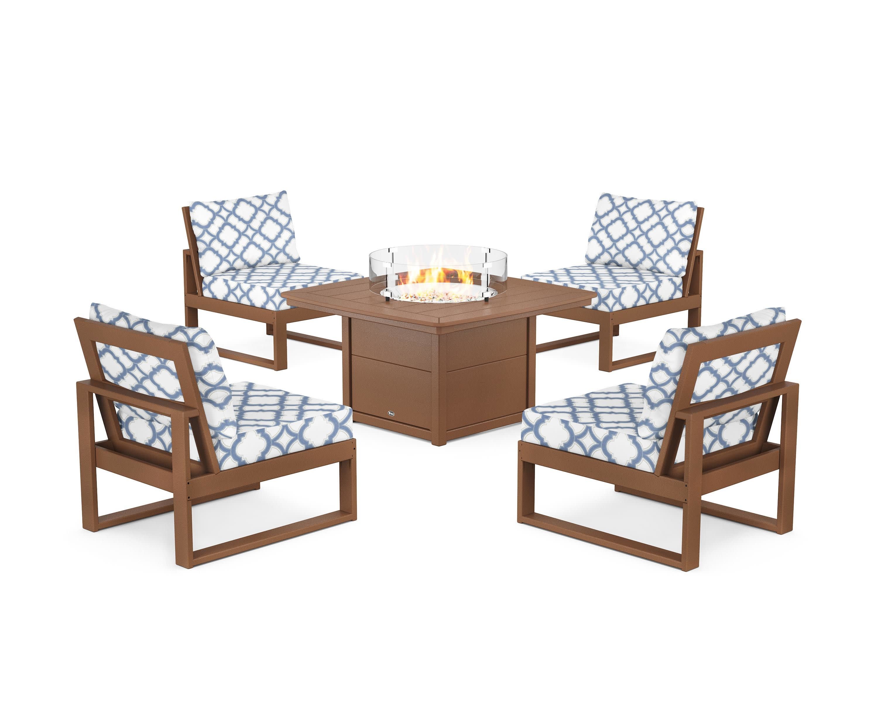 Eastport Modular 5-Piece Deep Seating Set with Yacht Club Fire Pit Table in Tree House / Trellis Sky Blue