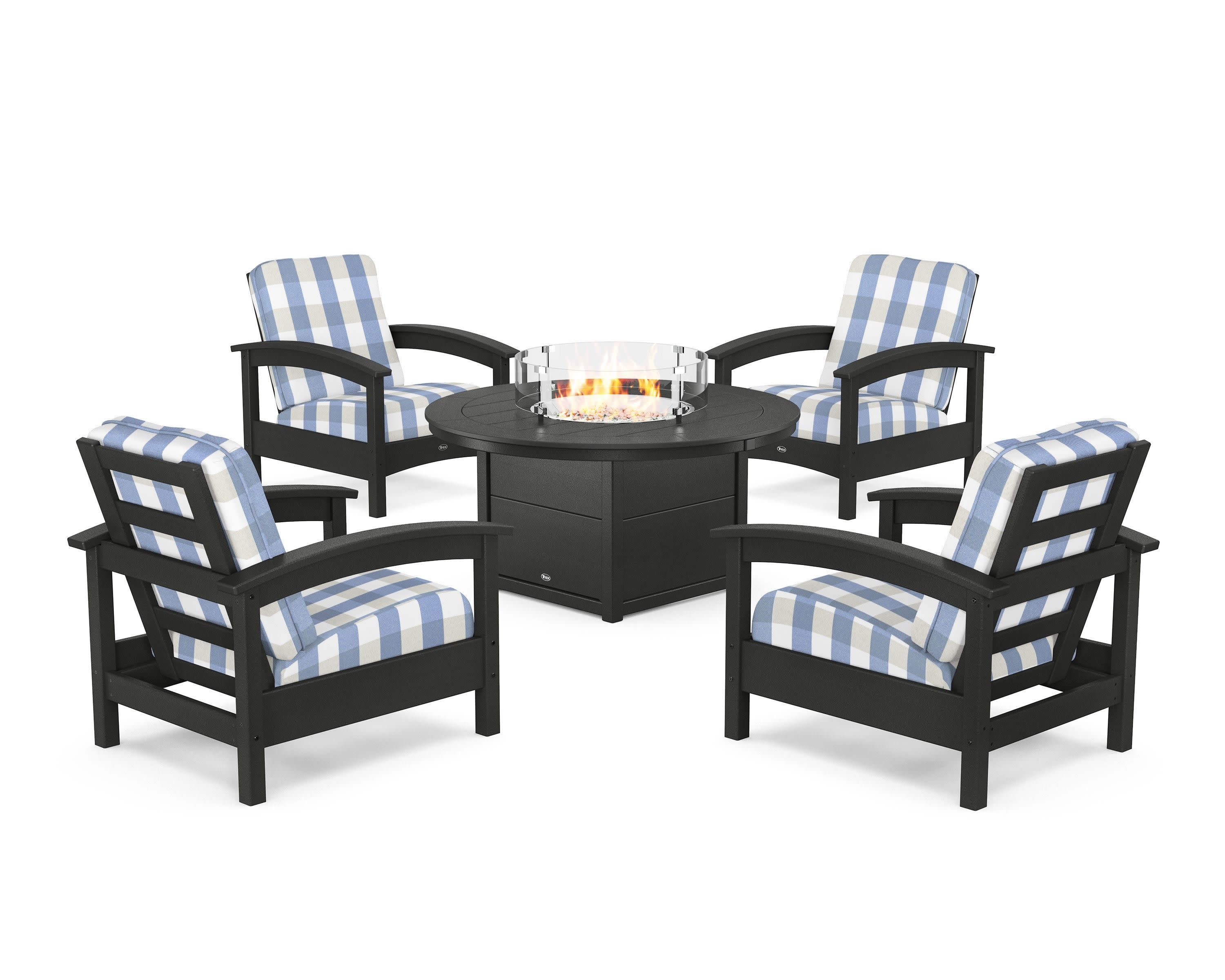 Rockport 5-Piece Deep Seating Set with Round Fire Pit Table in Charcoal Black / Buffalo Plaid Sky Blue