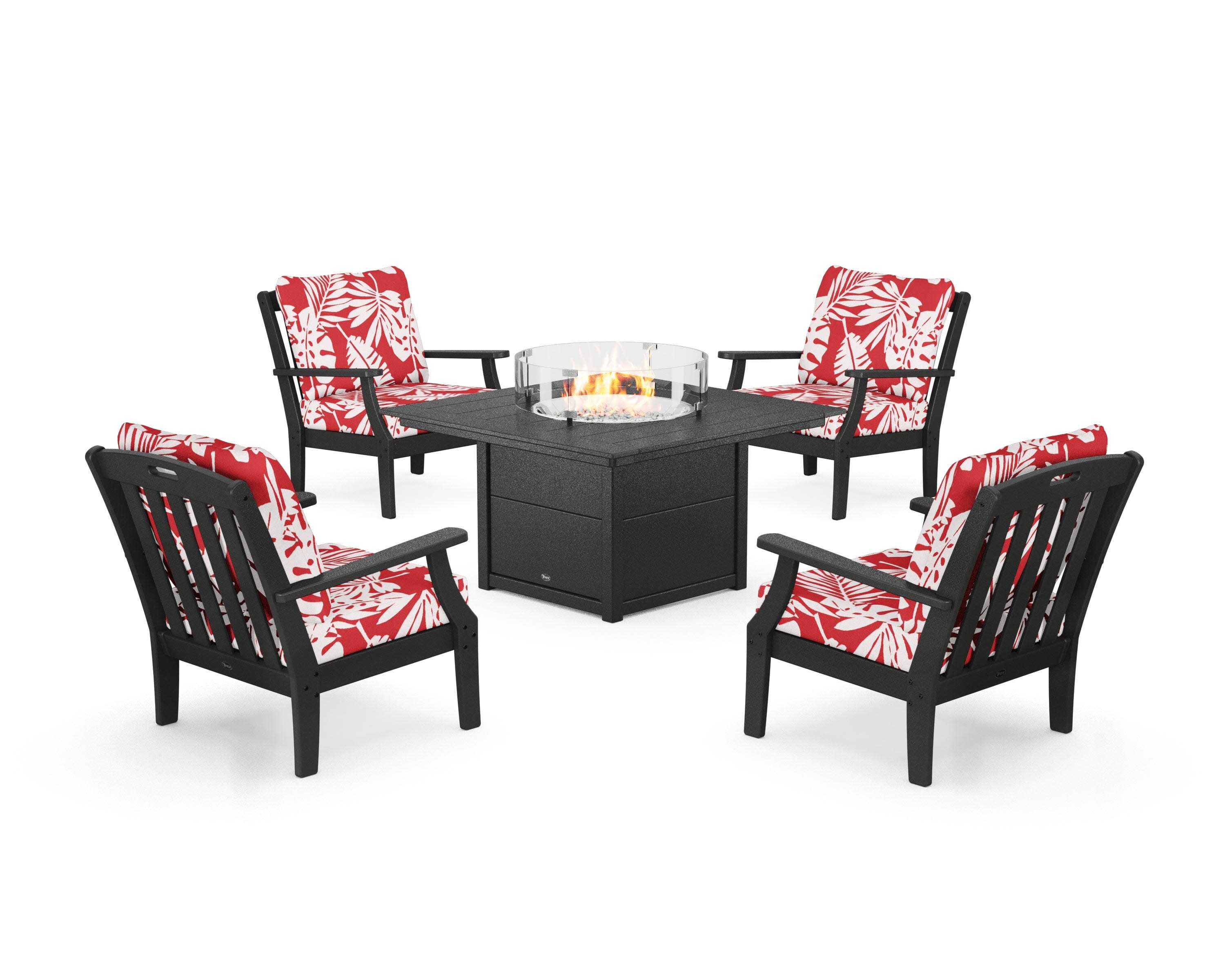 Yacht Club 5-Piece Deep Seating Set with Square Fire Pit Table in Charcoal Black / Leaf Crimson