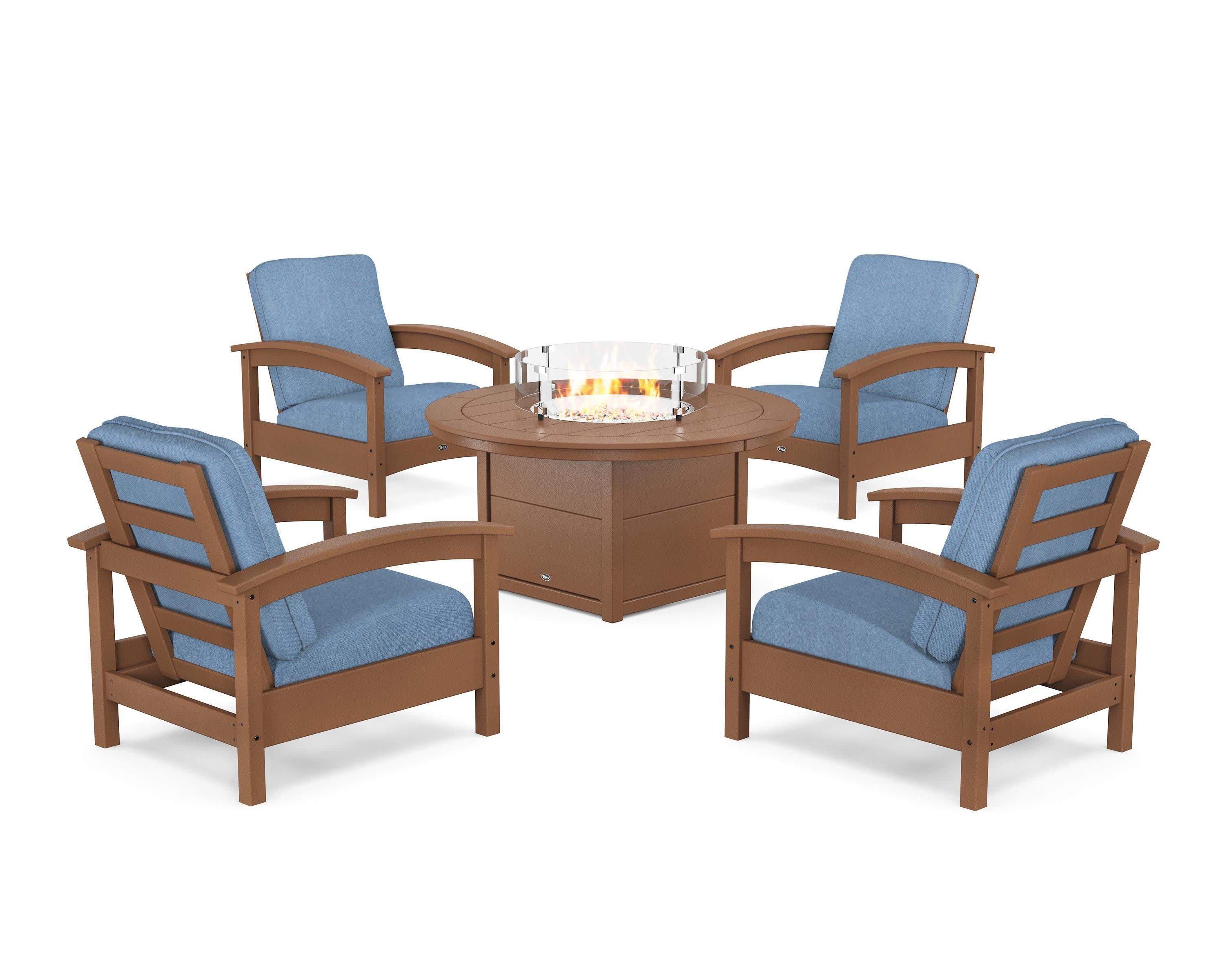 Rockport 5-Piece Deep Seating Set with Round Fire Pit Table in Tree House / Sky Blue