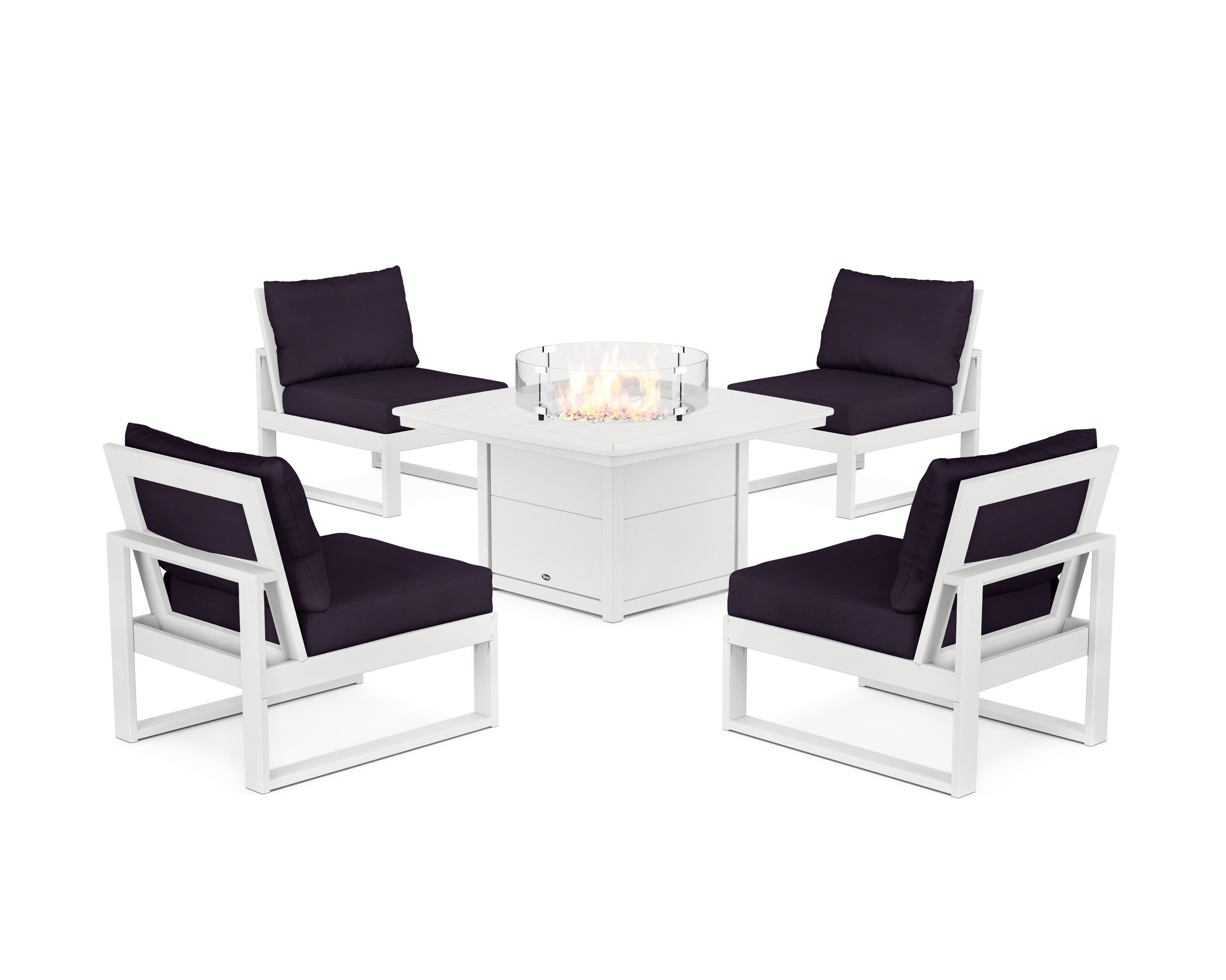 Eastport Modular 5-Piece Deep Seating Set with Yacht Club Fire Pit Table in Classic White / Navy Linen