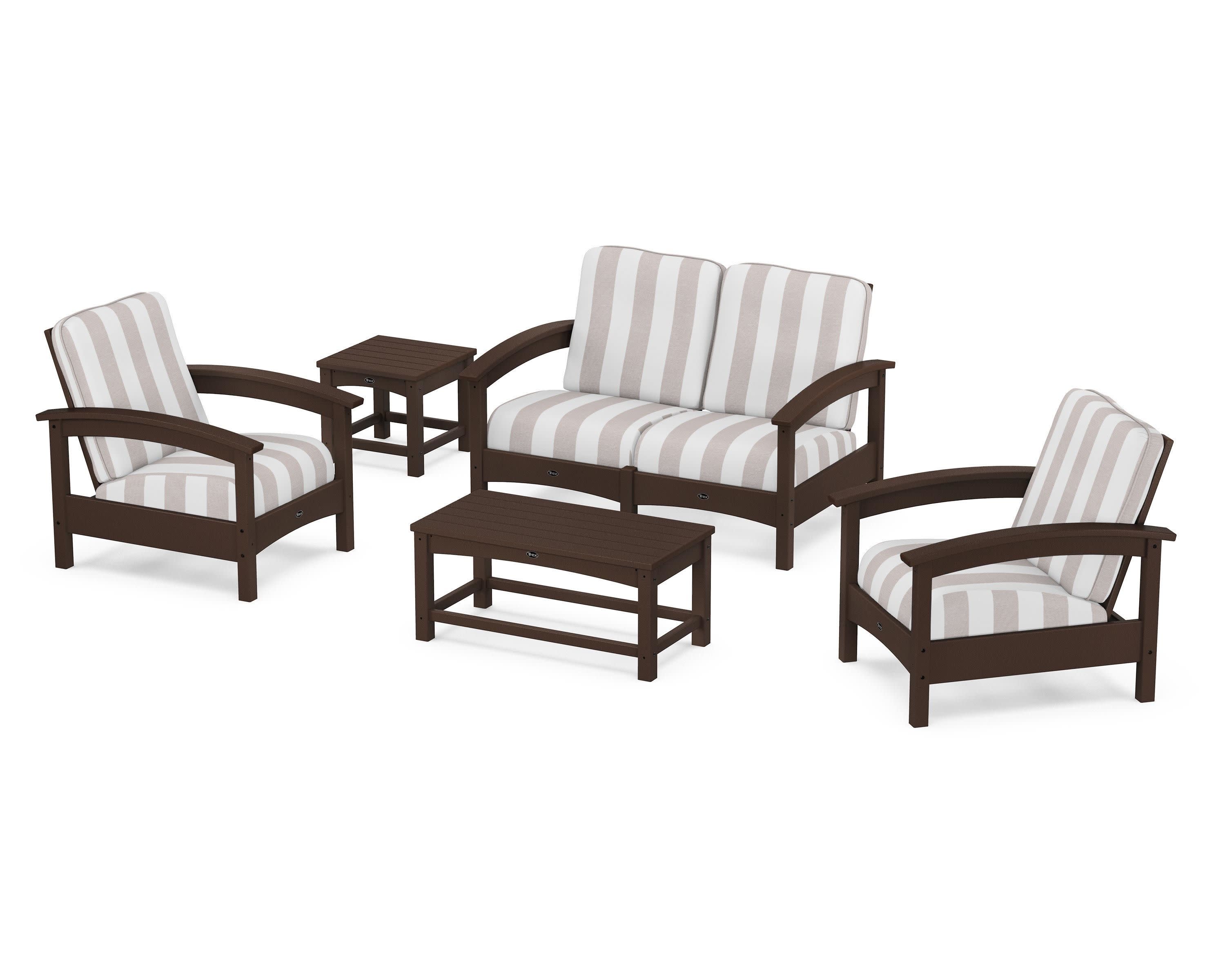 Rockport Club 6-Piece Deep Seating Conversation Set in Vintage Lantern / Cabana Stripe Dune Burlap