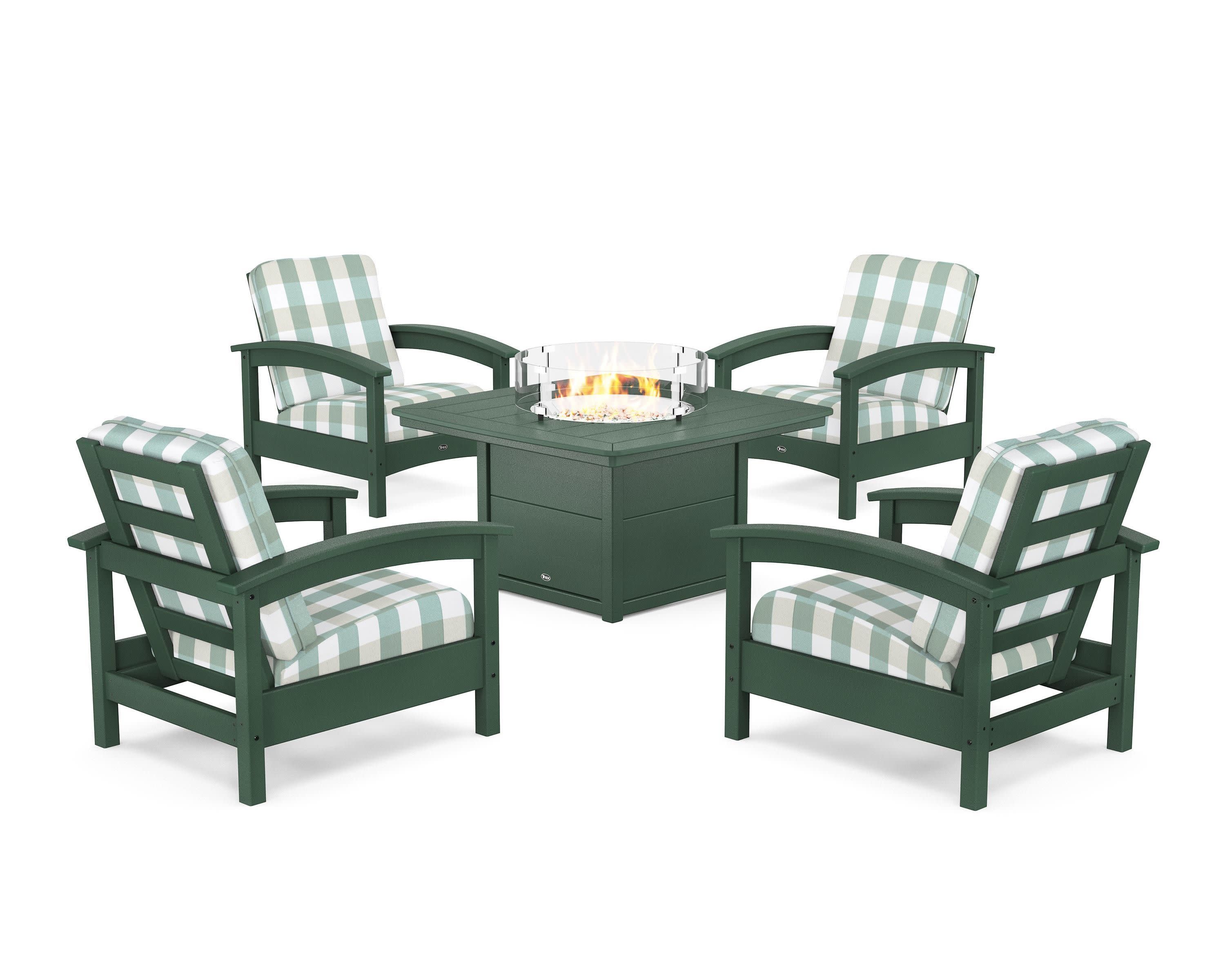 Rockport 5-Piece Deep Seating Set with Yacht Club Fire Pit Table in Rainforest Canopy / Buffalo Plaid Glacier Spa