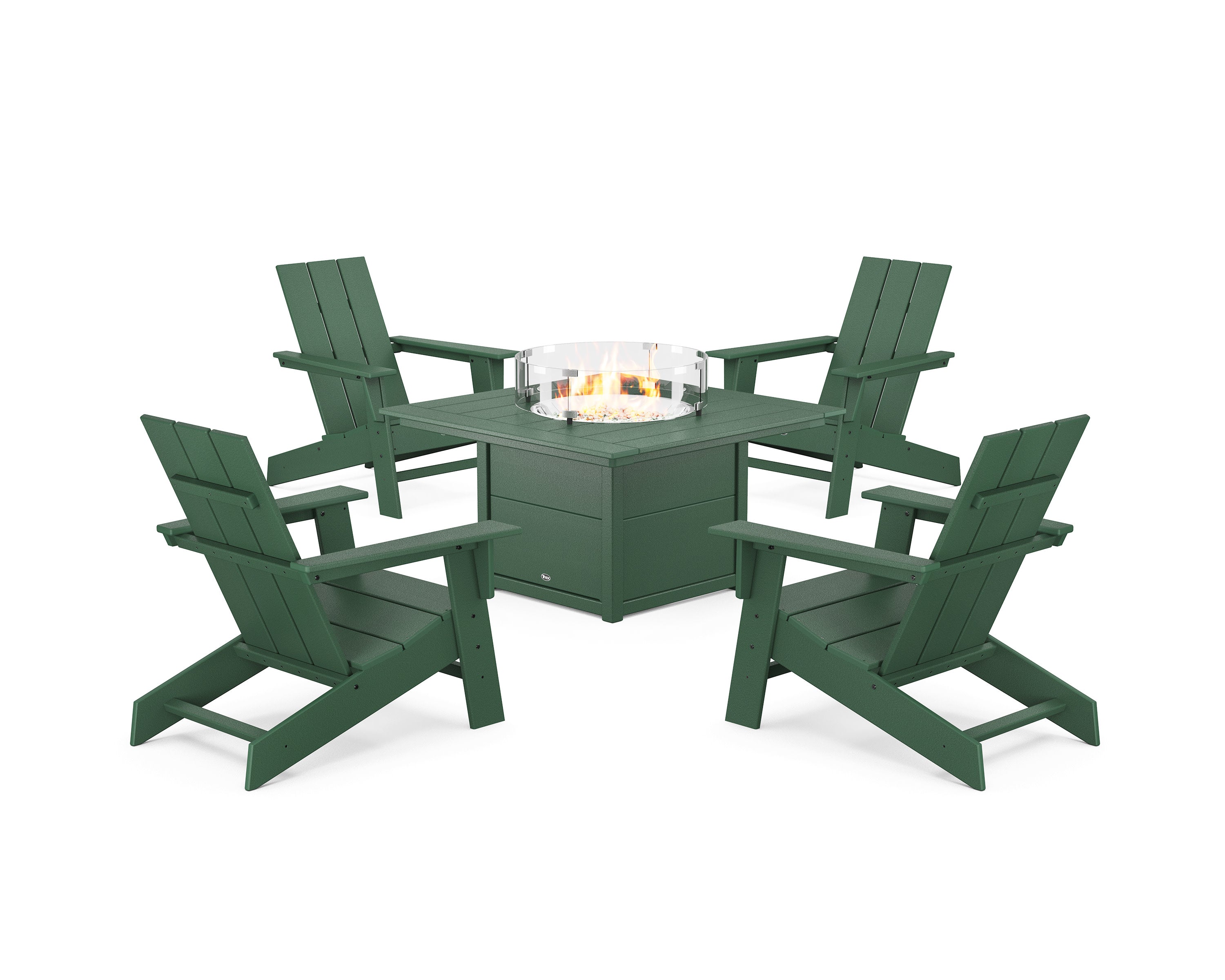 Eastport Modern Adirondack 5-Piece Set with Square Fire Pit Table in Rainforest Canopy