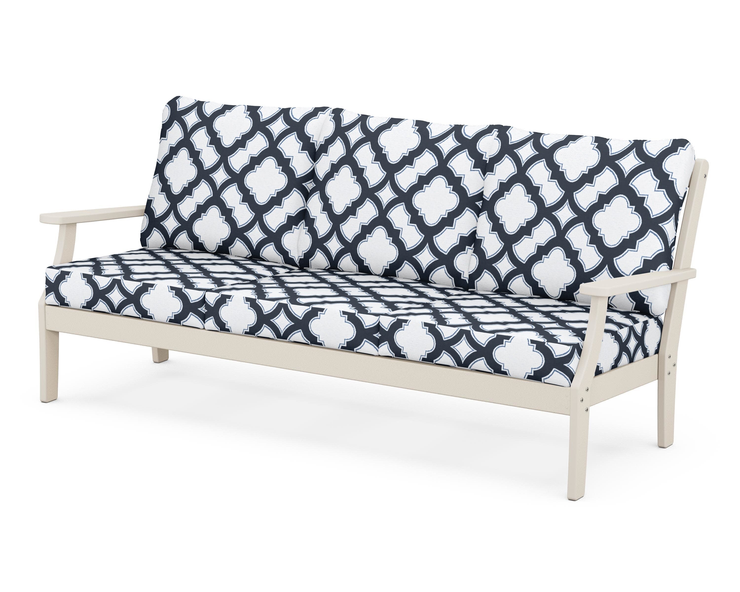 Yacht Club Deep Seating Sofa in Sand Castle / Trellis Marine Indigo
