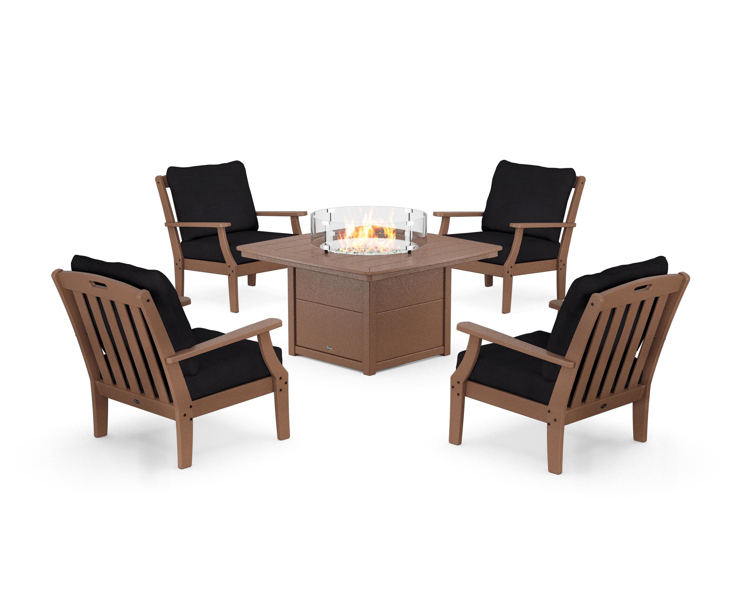 Yacht Club 5-Piece Deep Seating Set with Fire Pit Table in Tree House / Midnight Linen