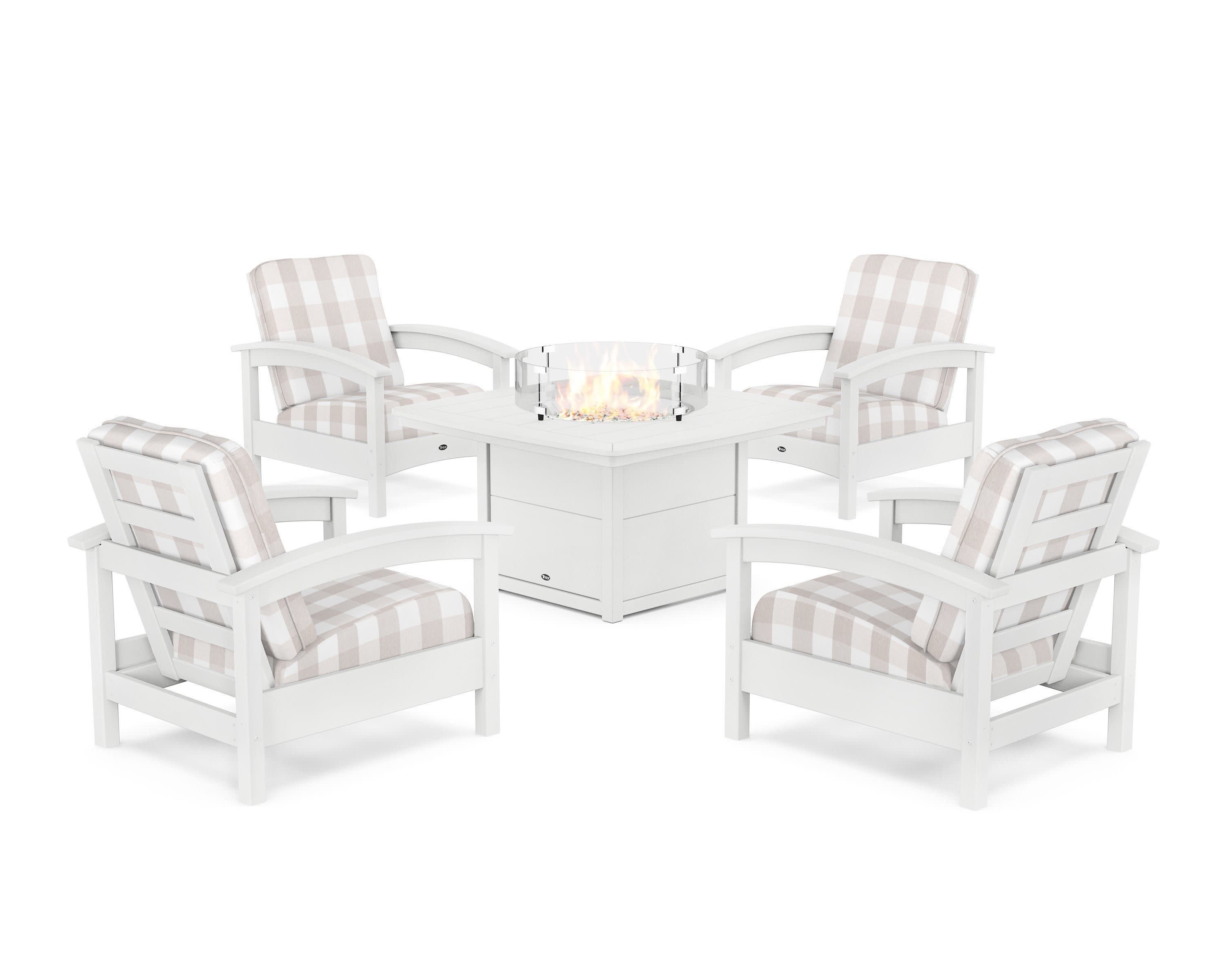 Rockport 5-Piece Deep Seating Set with Yacht Club Fire Pit Table in Classic White / Buffalo Plaid Dune Burlap