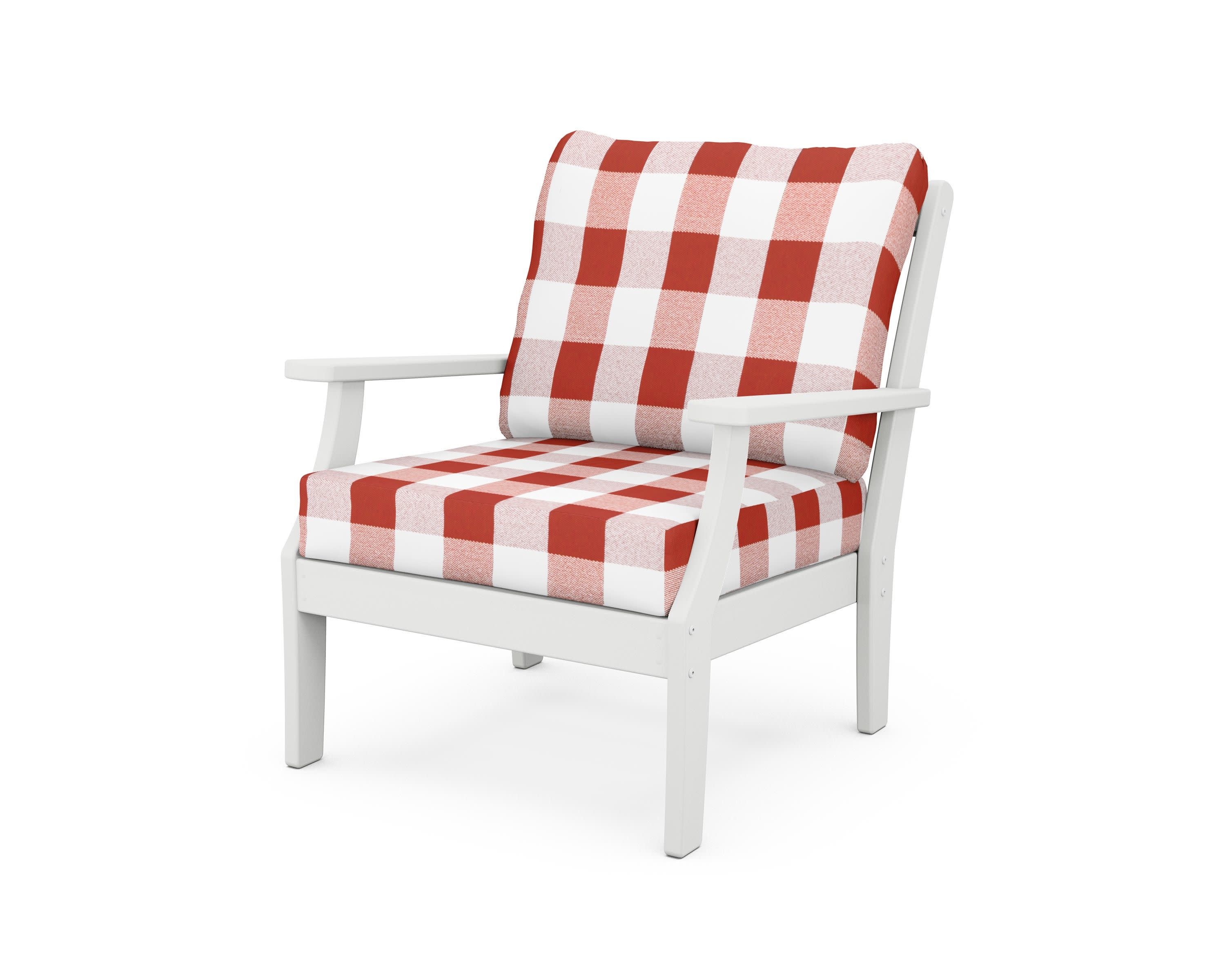 Yacht Club Deep Seating Chair in Classic White / Buffalo Plaid Crimson