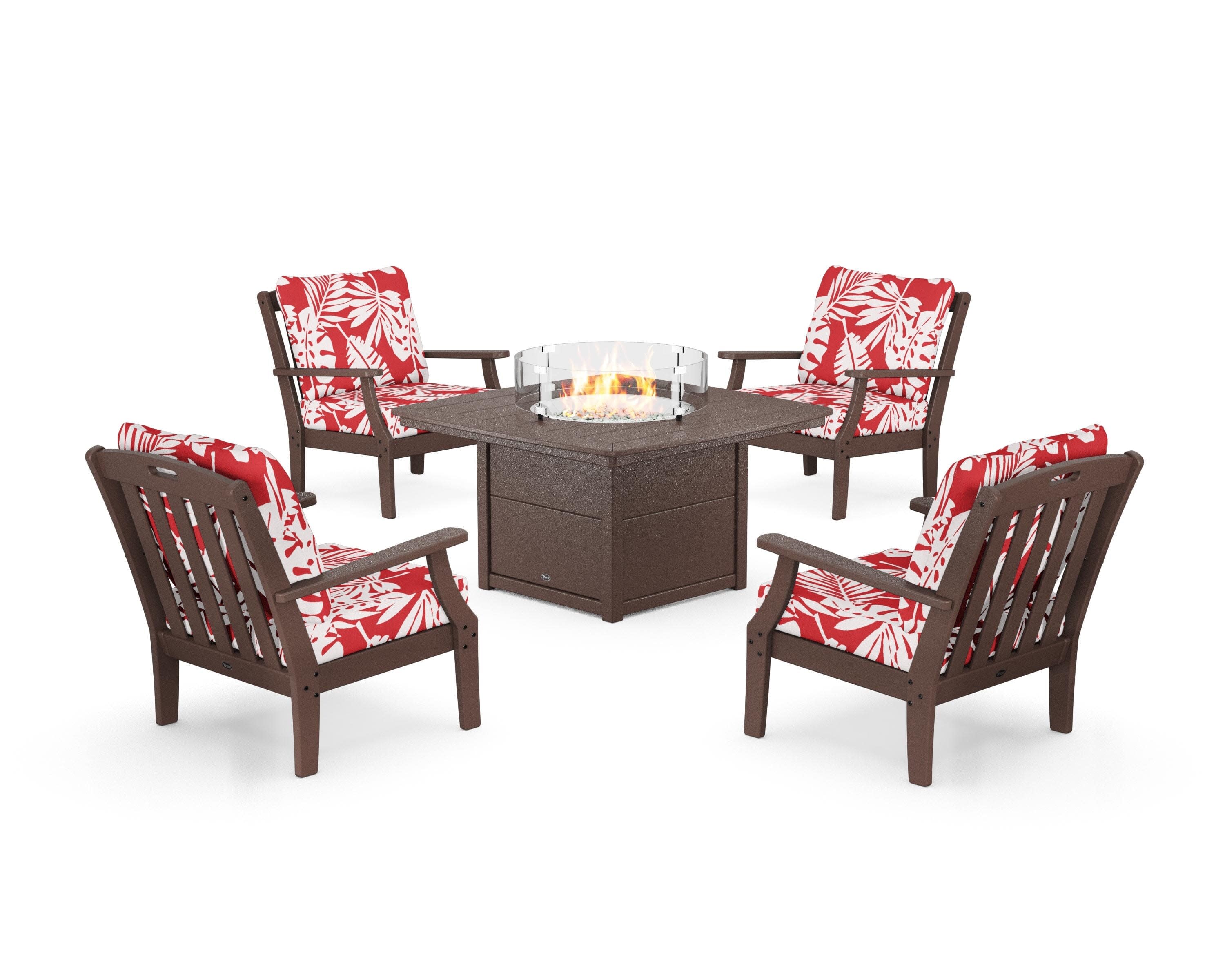 Yacht Club 5-Piece Deep Seating Set with Fire Pit Table in Vintage Lantern / Leaf Crimson