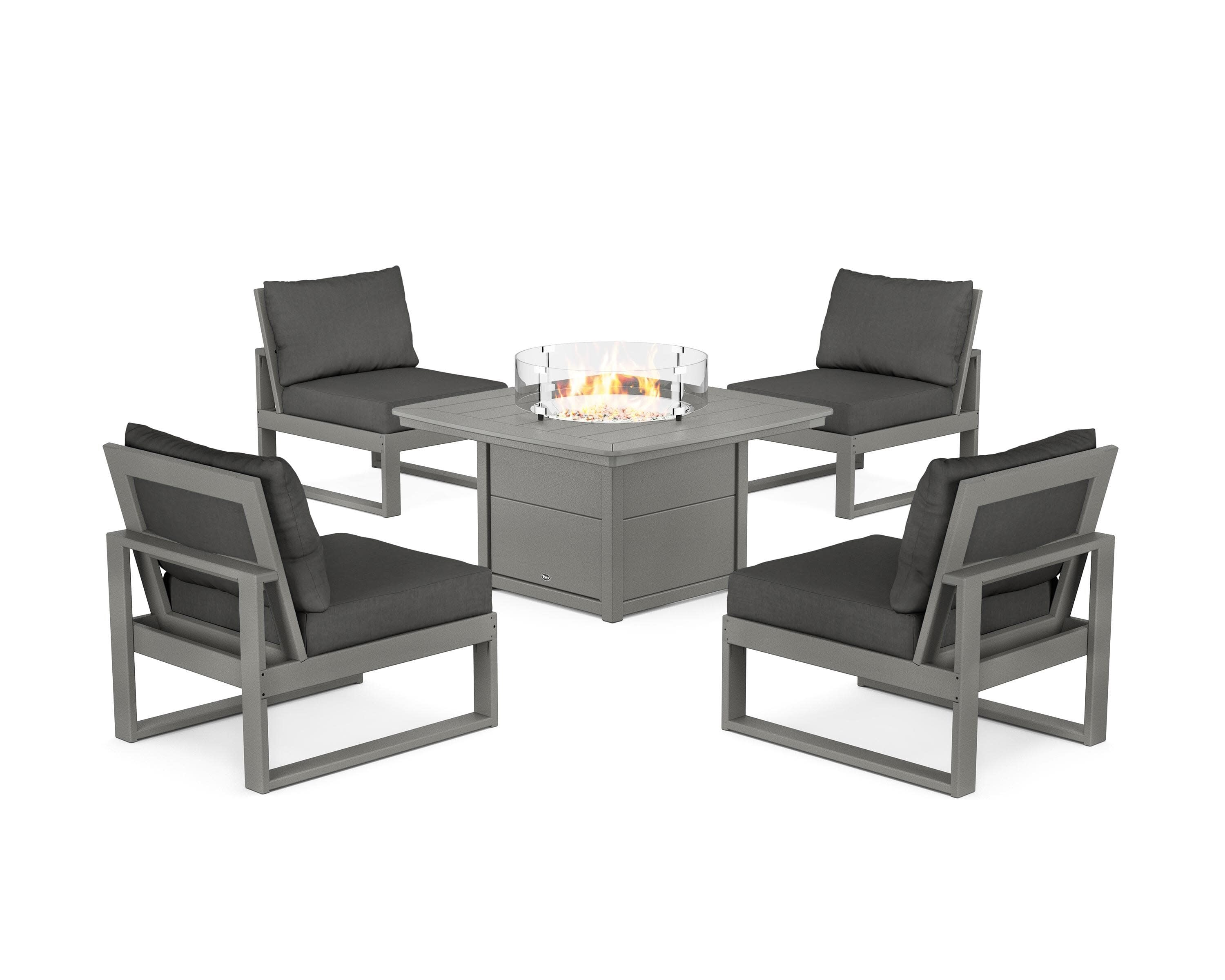 Eastport Modular 5-Piece Deep Seating Set with Yacht Club Fire Pit Table in Stepping Stone / Spectrum Carbon