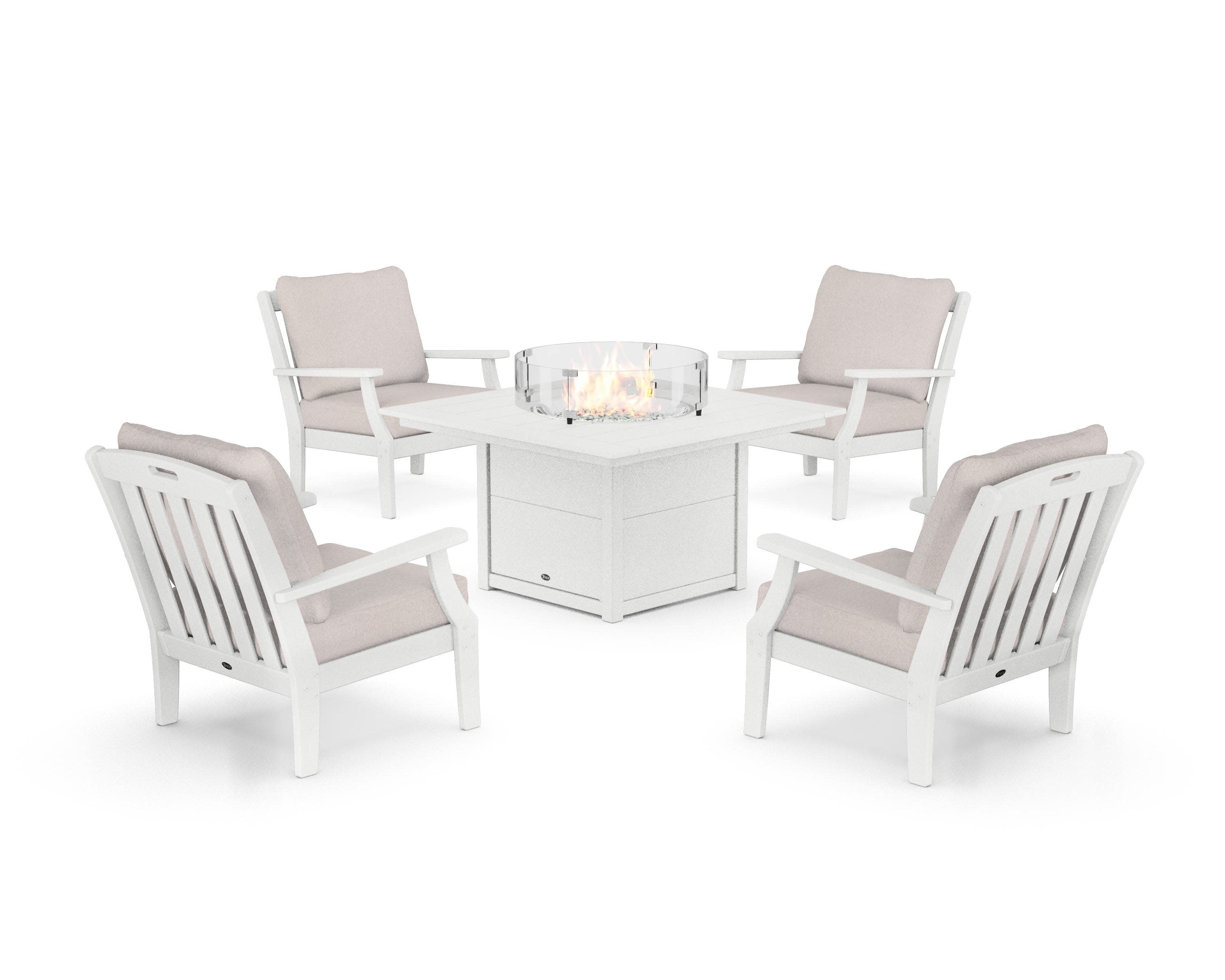 Yacht Club 5-Piece Deep Seating Set with Square Fire Pit Table in Classic White / Dune Burlap