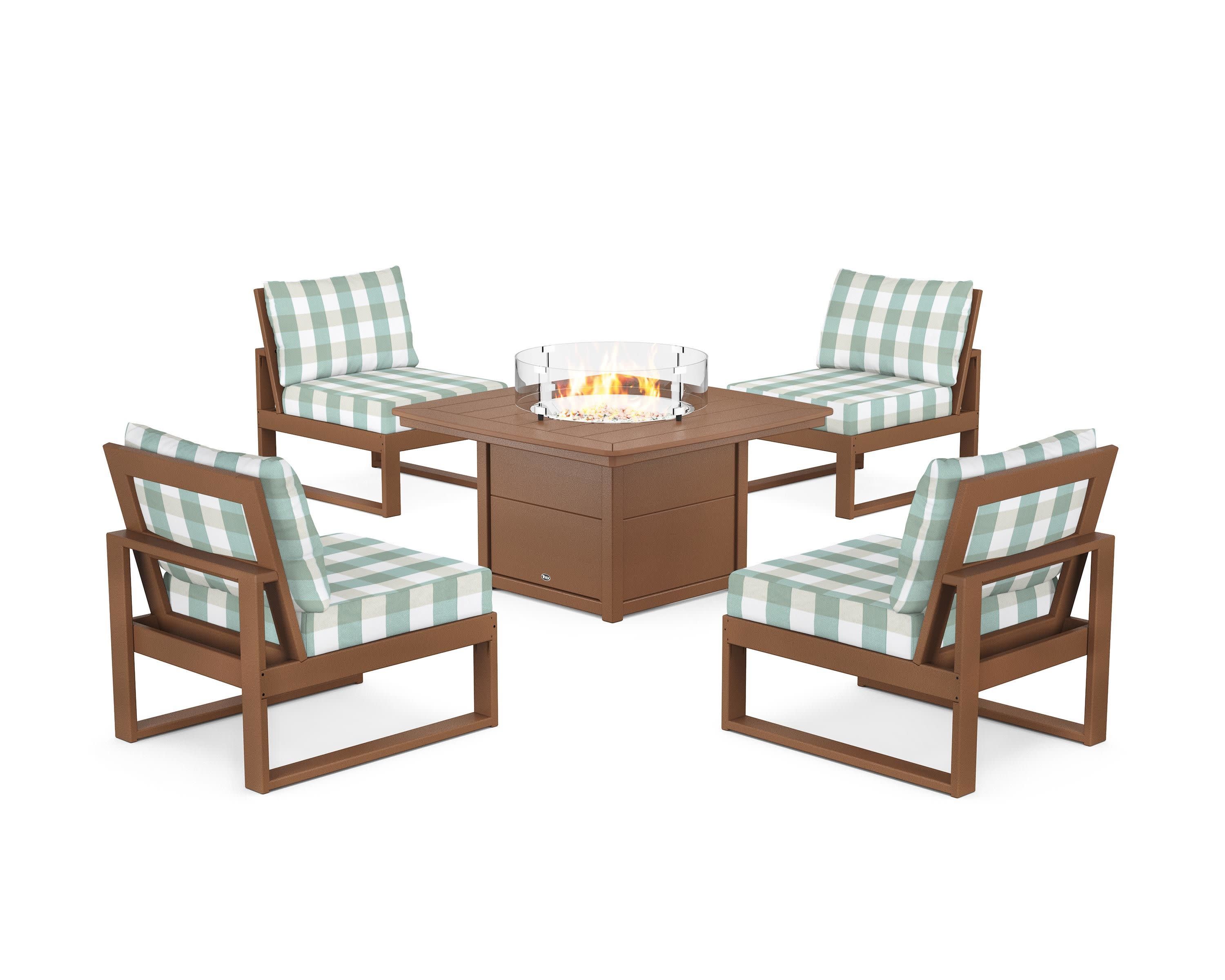 Eastport Modular 5-Piece Deep Seating Set with Yacht Club Fire Pit Table in Tree House / Buffalo Plaid Glacier Spa