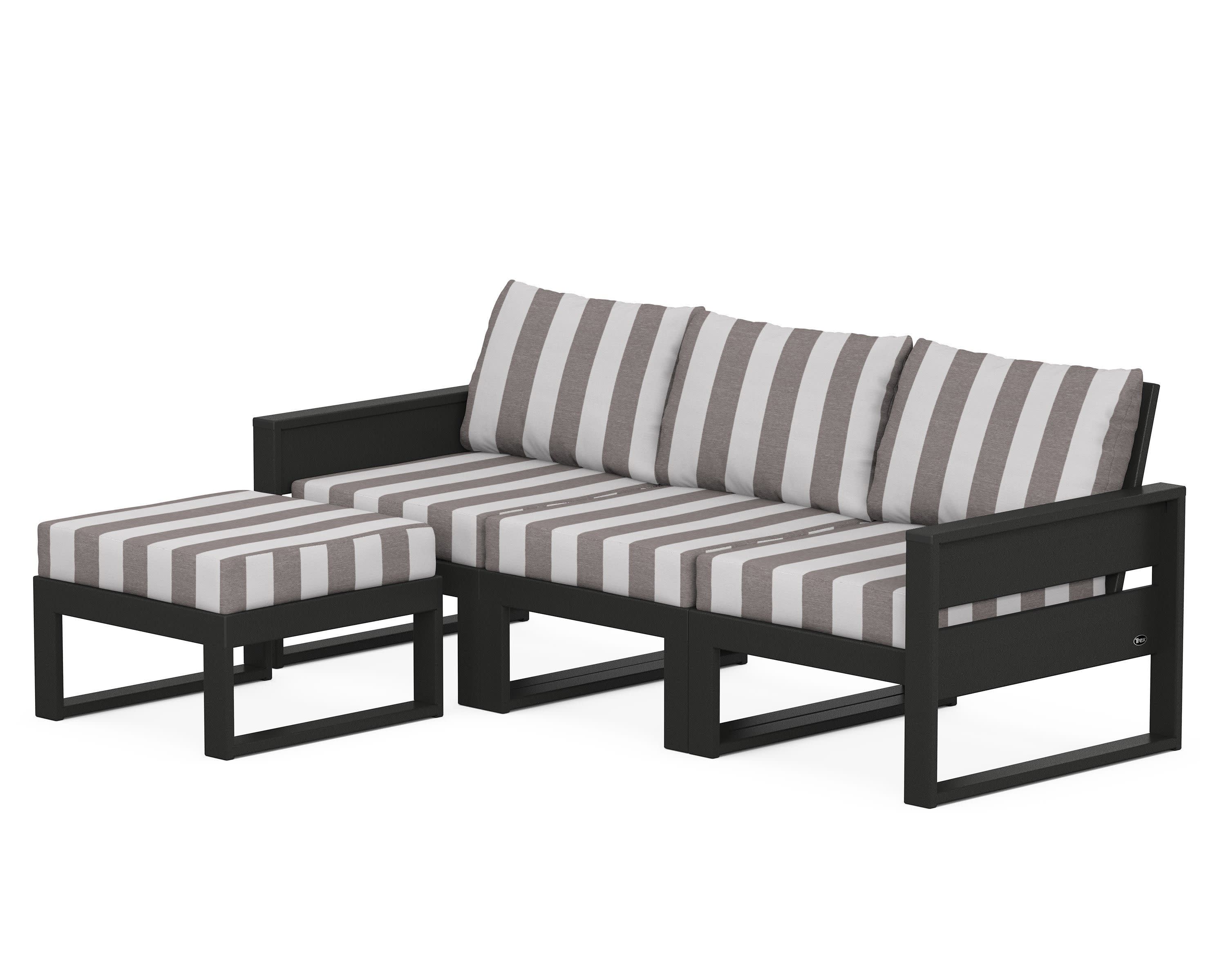Eastport 4- Piece Sectional with Ottoman in Charcoal Black / Cabana Stripe Grey Mist
