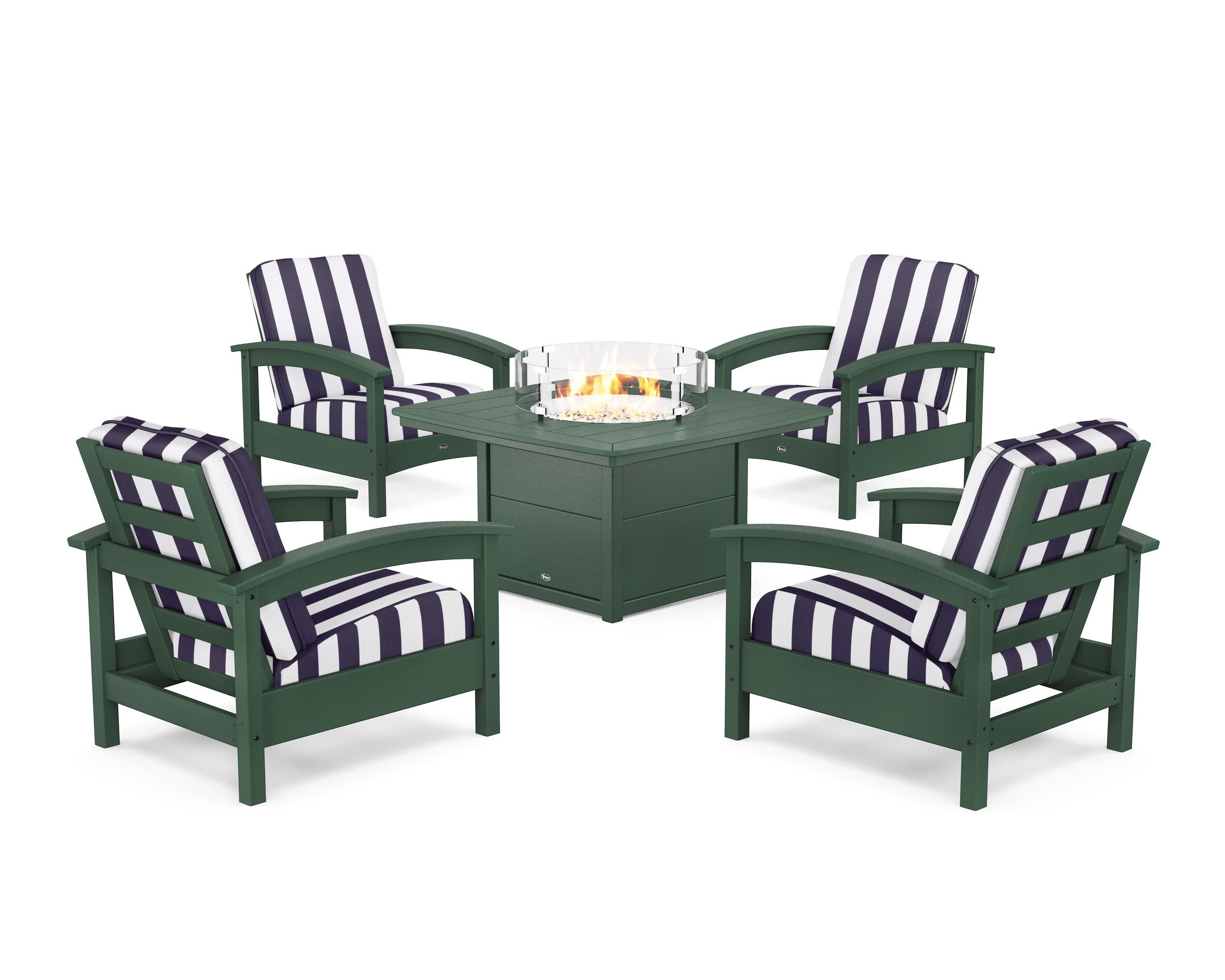Rockport 5-Piece Deep Seating Set with Yacht Club Fire Pit Table in Rainforest Canopy / Cabana Stripe Navy
