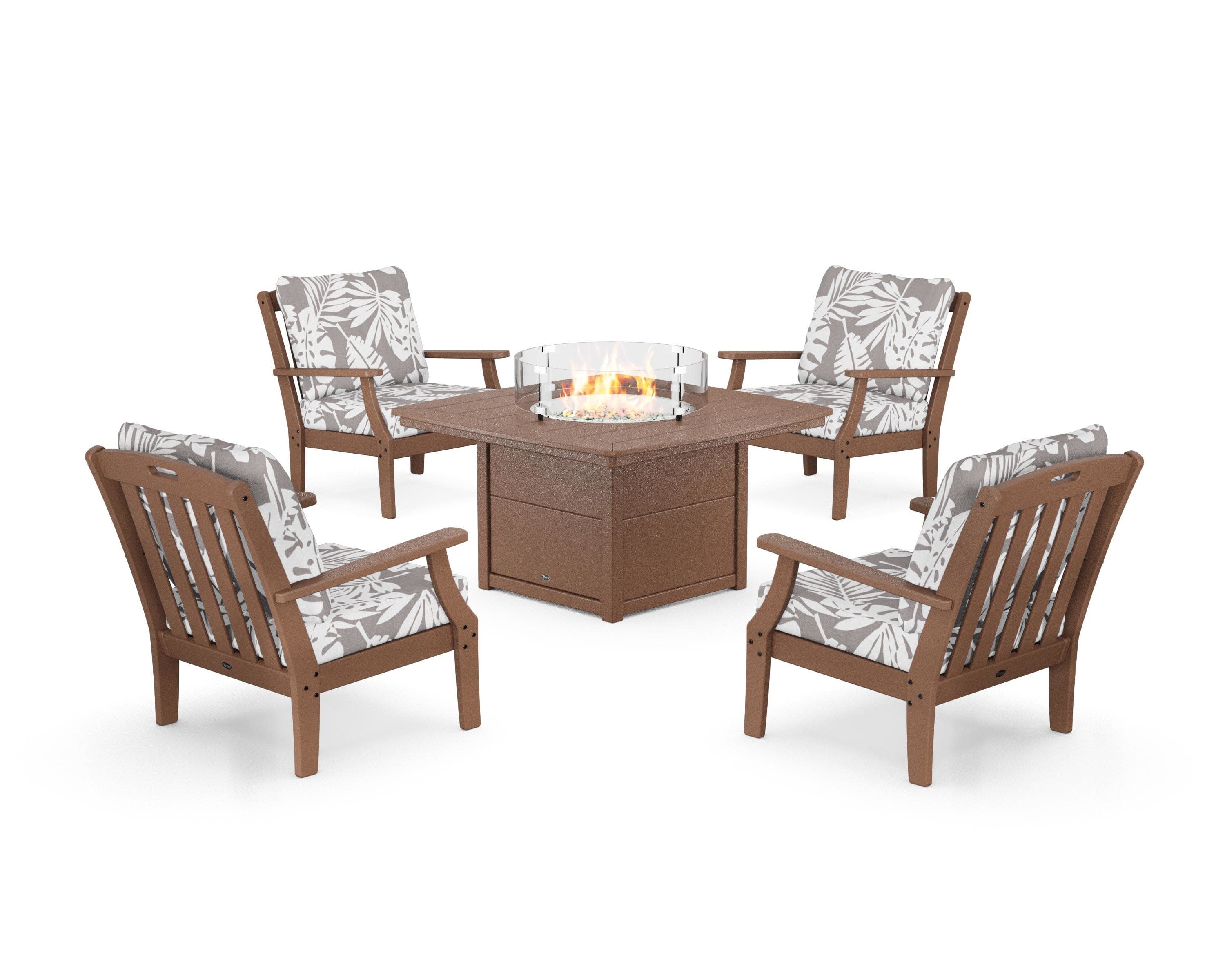 Yacht Club 5-Piece Deep Seating Set with Fire Pit Table in Tree House / Leaf Grey Mist