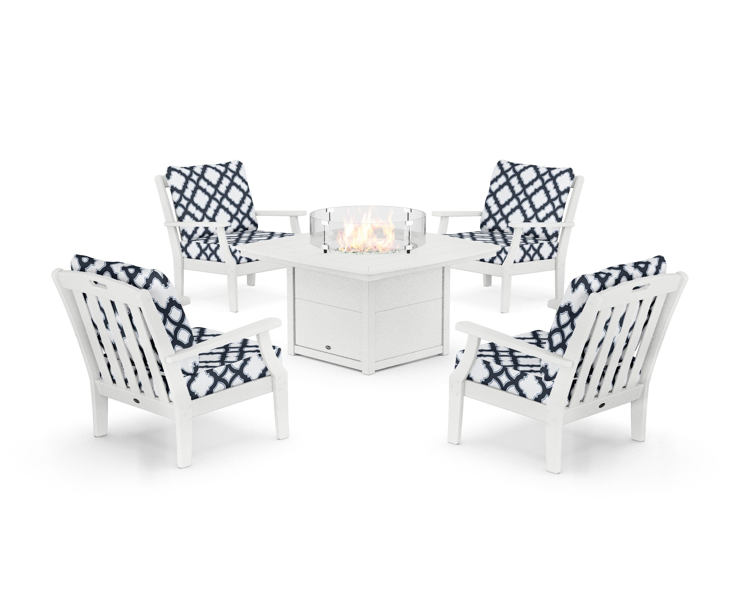 Yacht Club 5-Piece Deep Seating Set with Fire Pit Table in Classic White / Trellis Marine Indigo