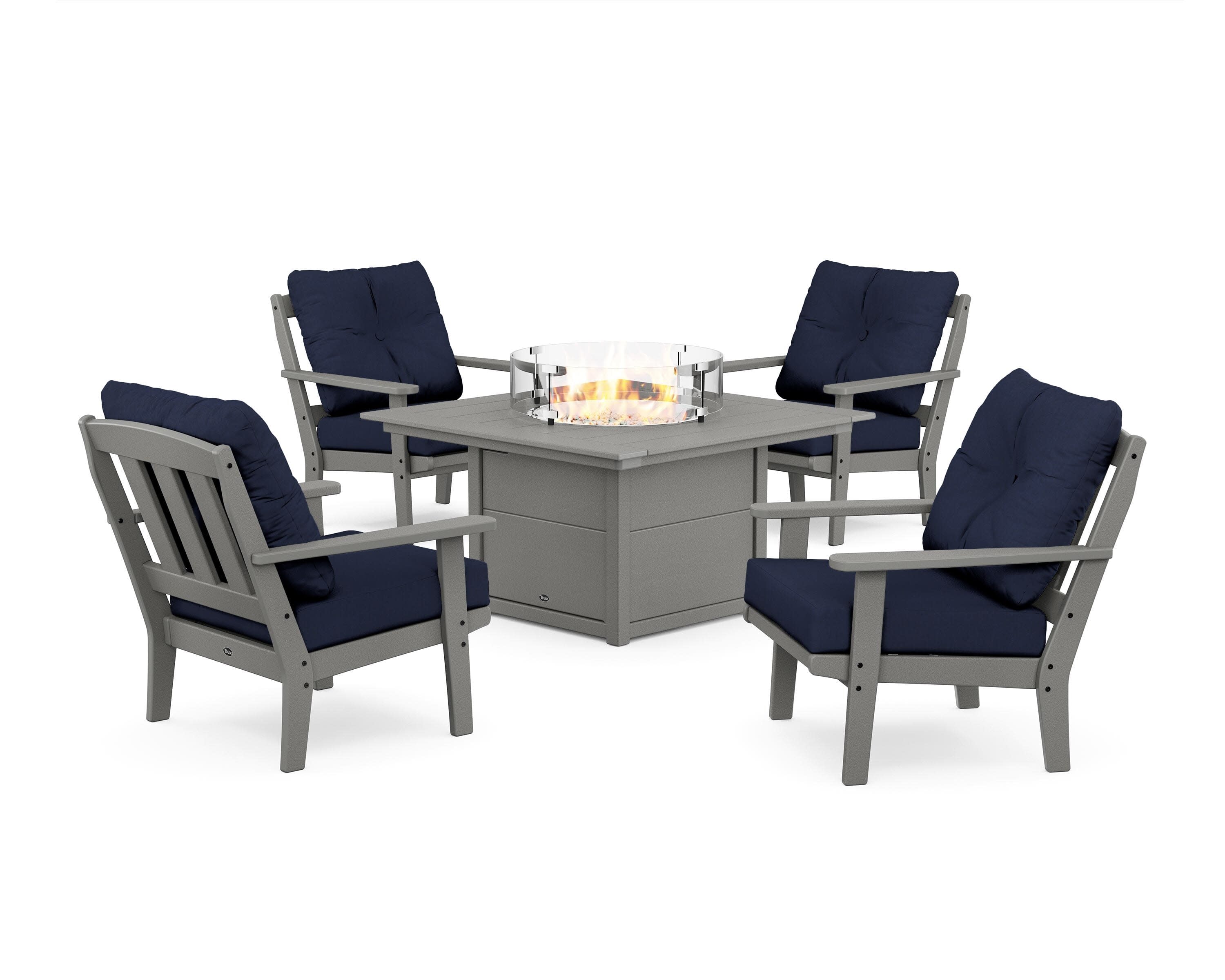 Cape Cod 5-Piece Deep Seating Set with Fire Pit Table in Stepping Stone / Spectrum Indigo