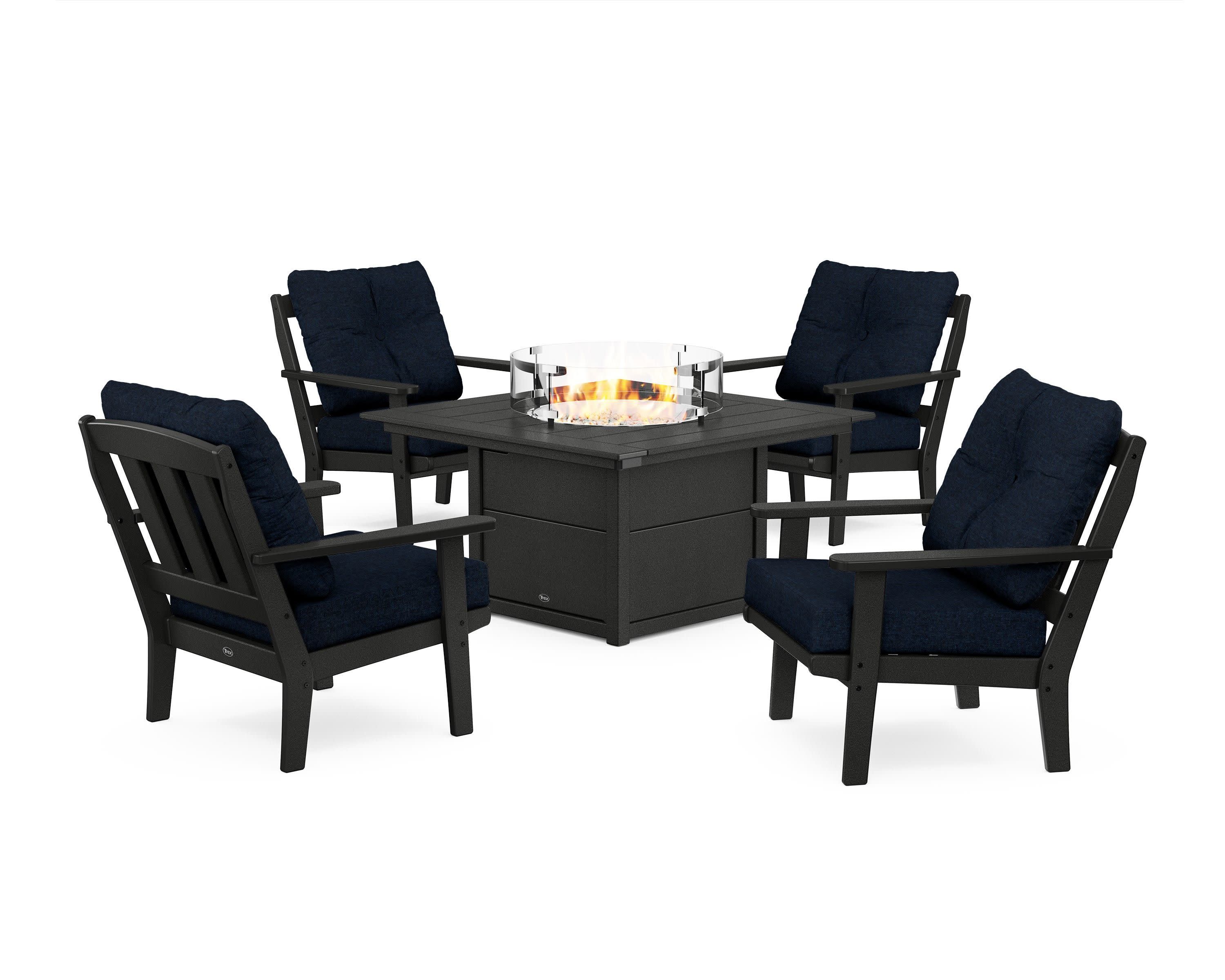 Cape Cod 5-Piece Deep Seating Set with Fire Pit Table in Charcoal Black / Marine Indigo