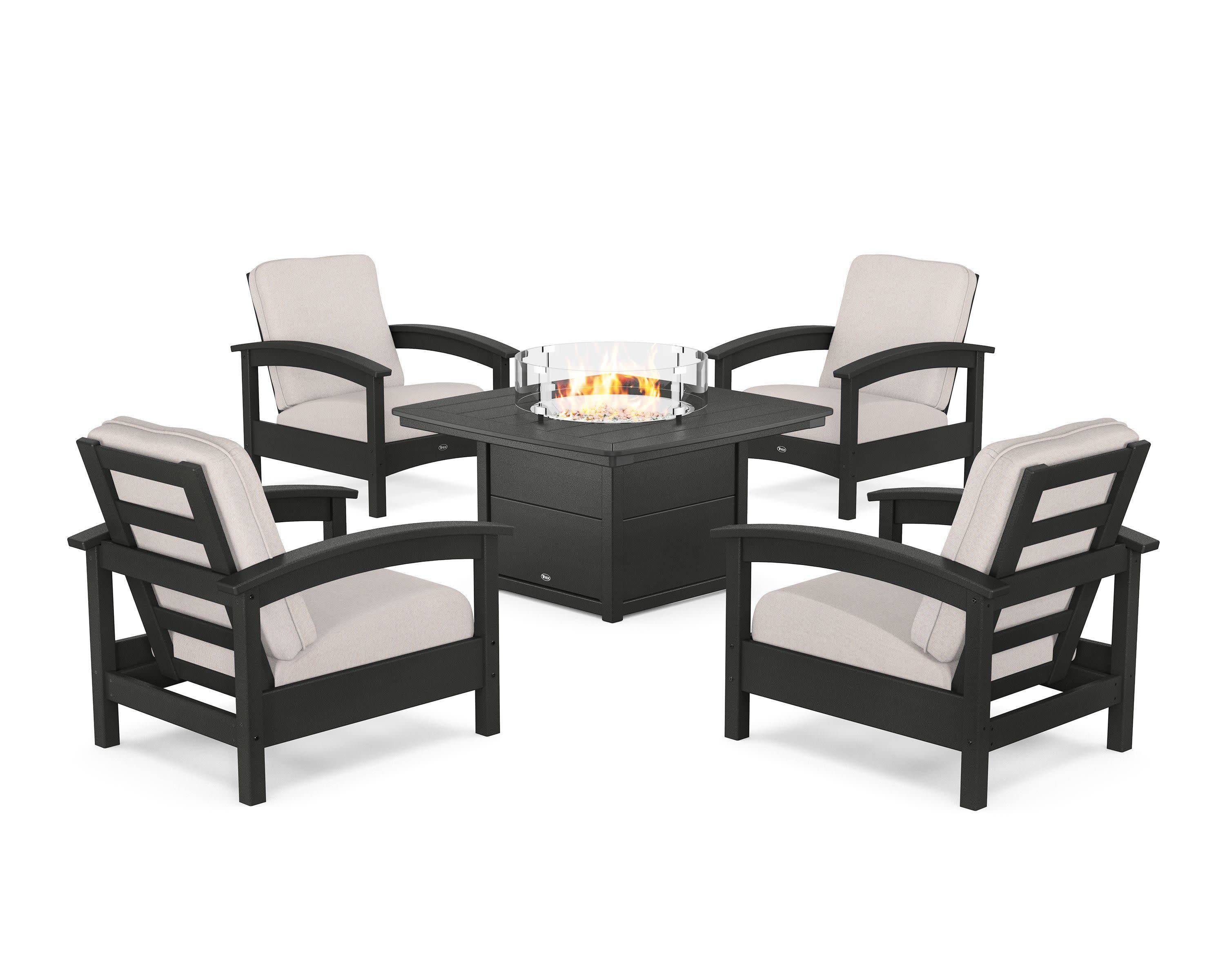 Rockport 5-Piece Deep Seating Set with Yacht Club Fire Pit Table in Charcoal Black / Dune Burlap