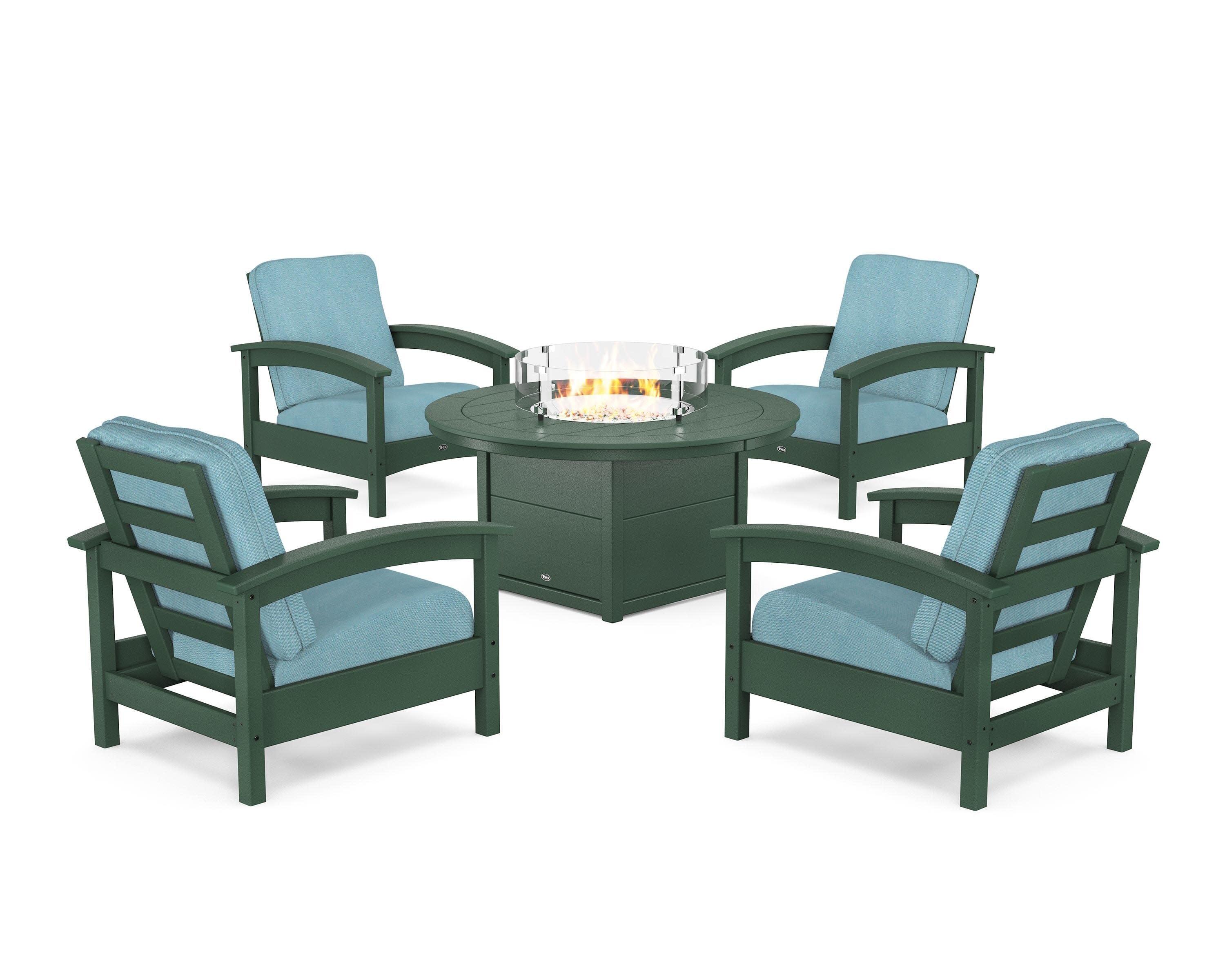Rockport 5-Piece Deep Seating Set with Round Fire Pit Table in Rainforest Canopy / Lattice Sky Blue