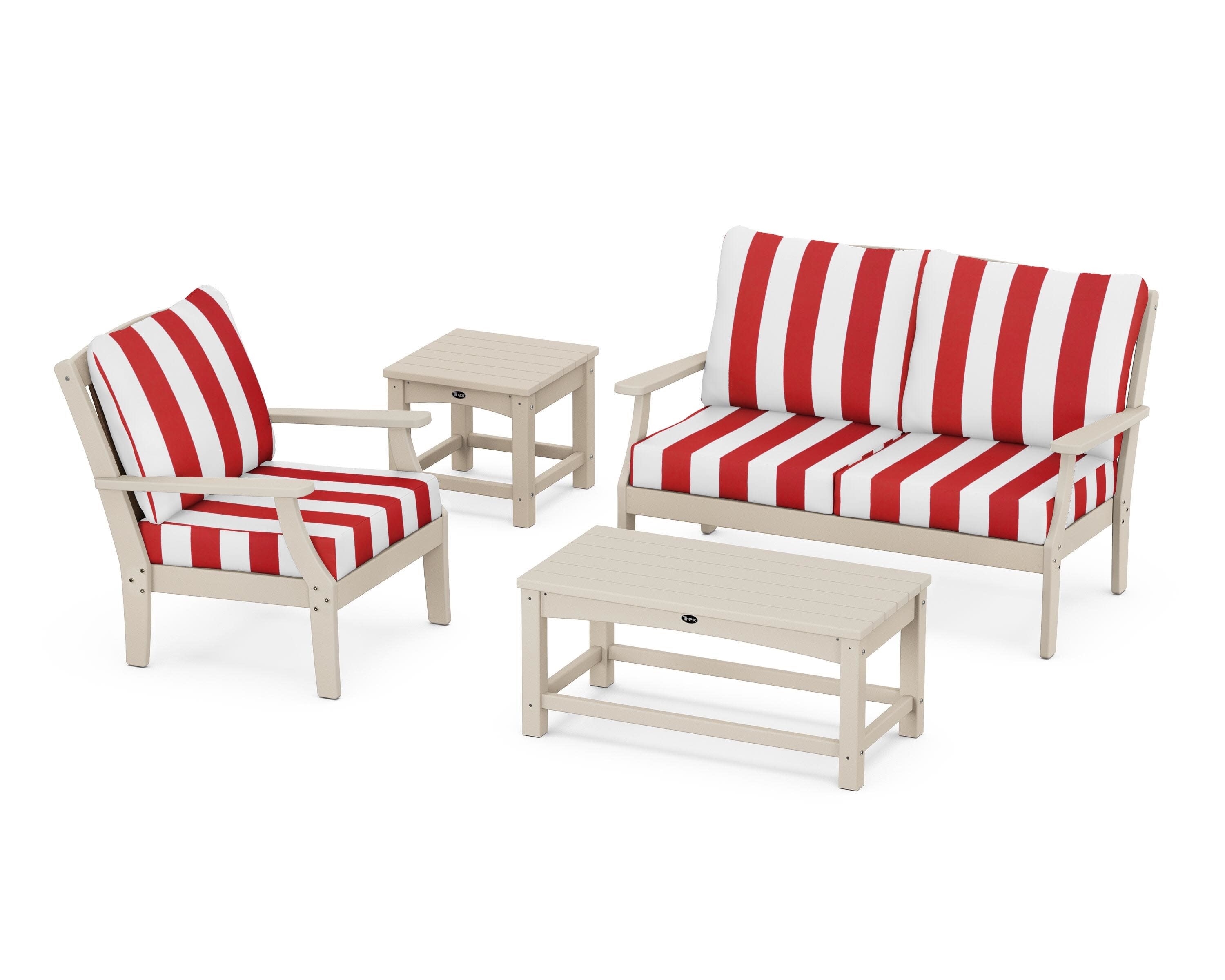 Yacht Club 4-Piece Deep Seating Set in Sand Castle / Cabana Stripe Crimson