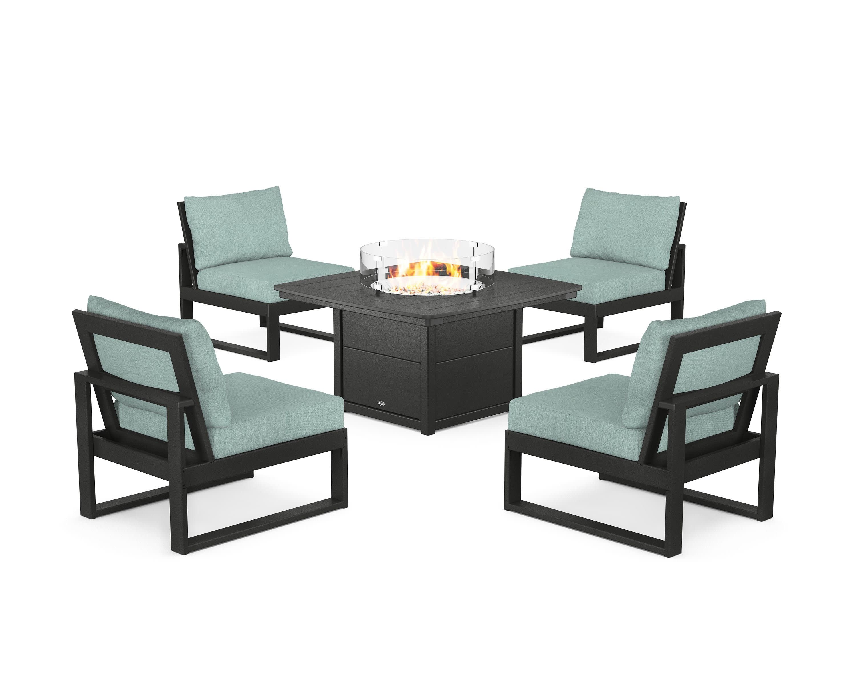 Eastport Modular 5-Piece Deep Seating Set with Yacht Club Fire Pit Table in Charcoal Black / Glacier Spa