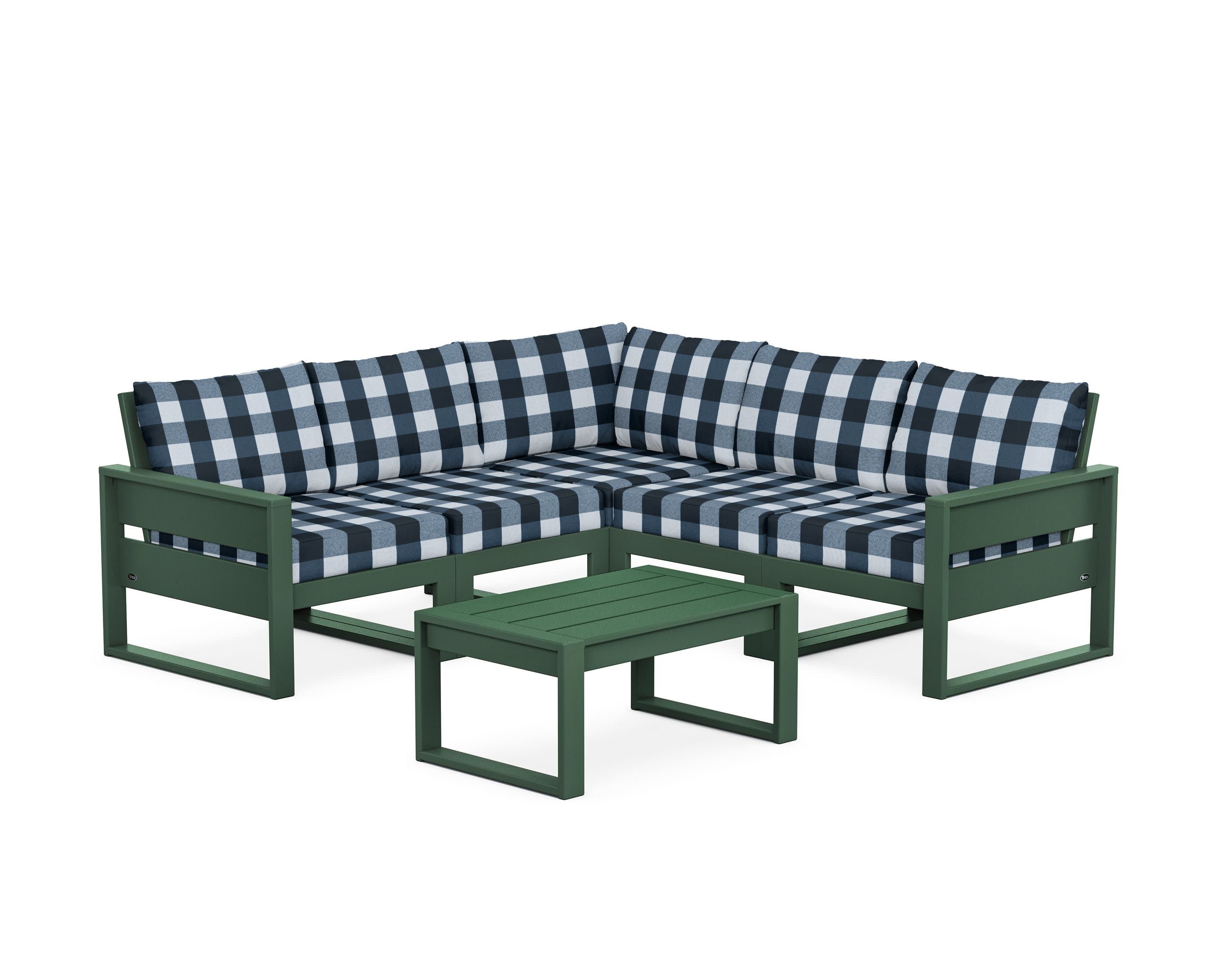 Eastport 6-Piece Deep Seating Sectional + Coffee Table Set in Rainforest Canopy / Buffalo Plaid Marine Indigo