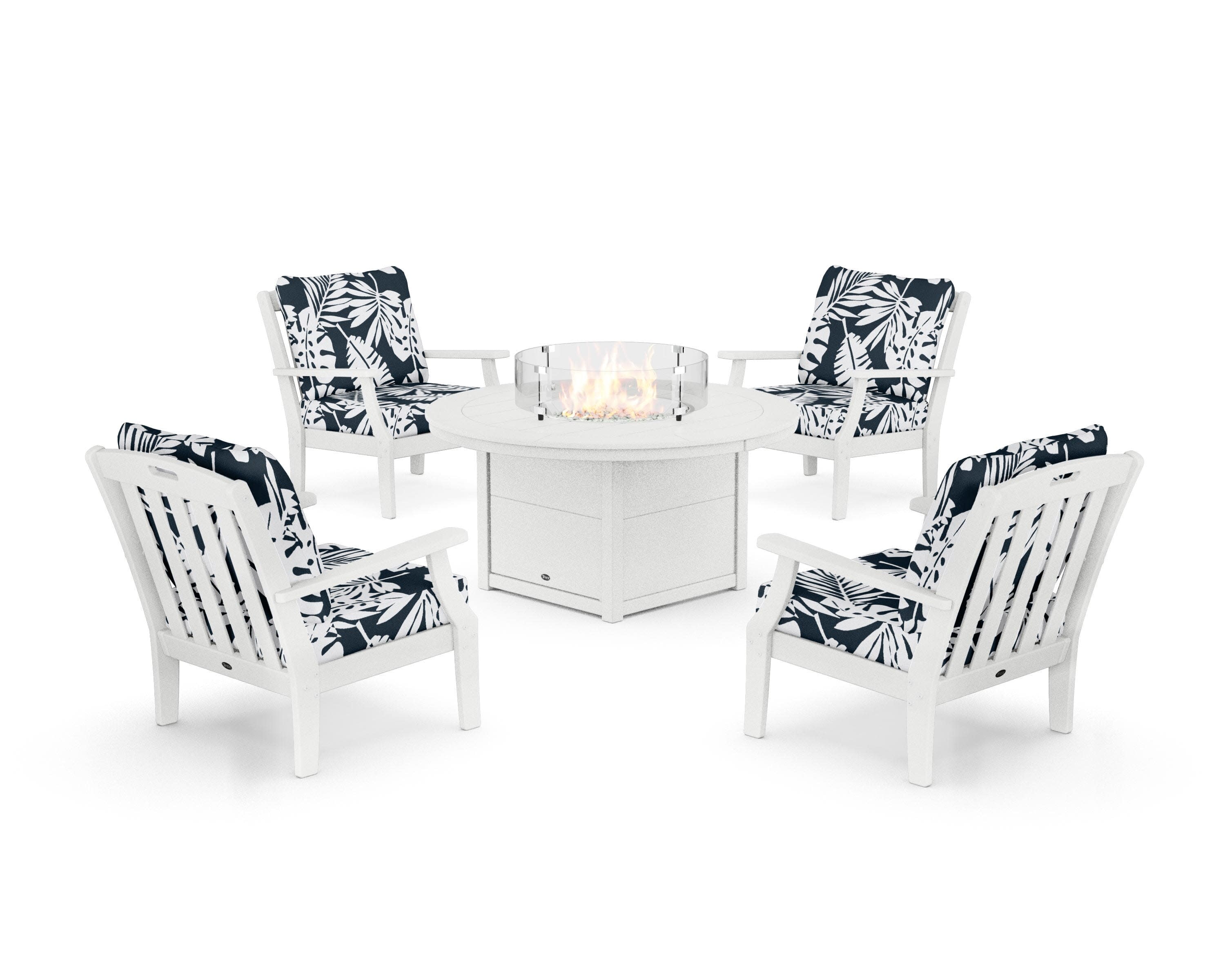 Yacht Club 5-Piece Deep Seating Set with Round Fire Pit Table in Classic White / Leaf Marine Indigo
