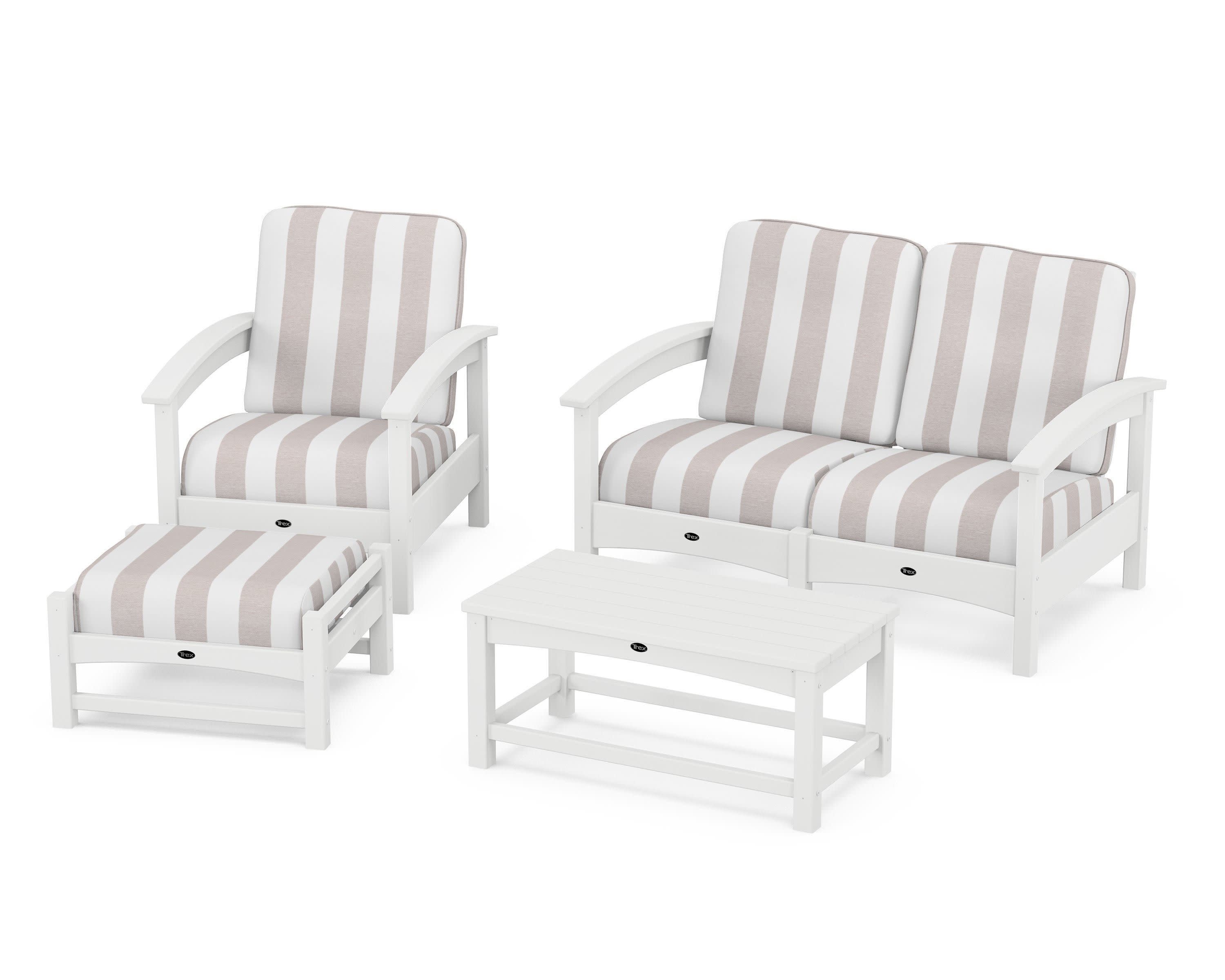 Rockport 4-Piece Deep Seating Conversation Group in Classic White / Cabana Stripe Dune Burlap