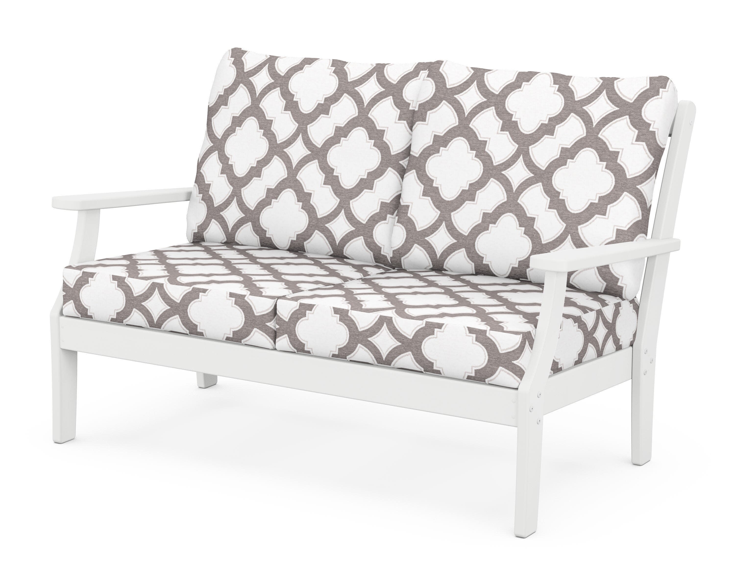 Yacht Club Deep Seating Loveseat in Classic White / Trellis Grey Mist