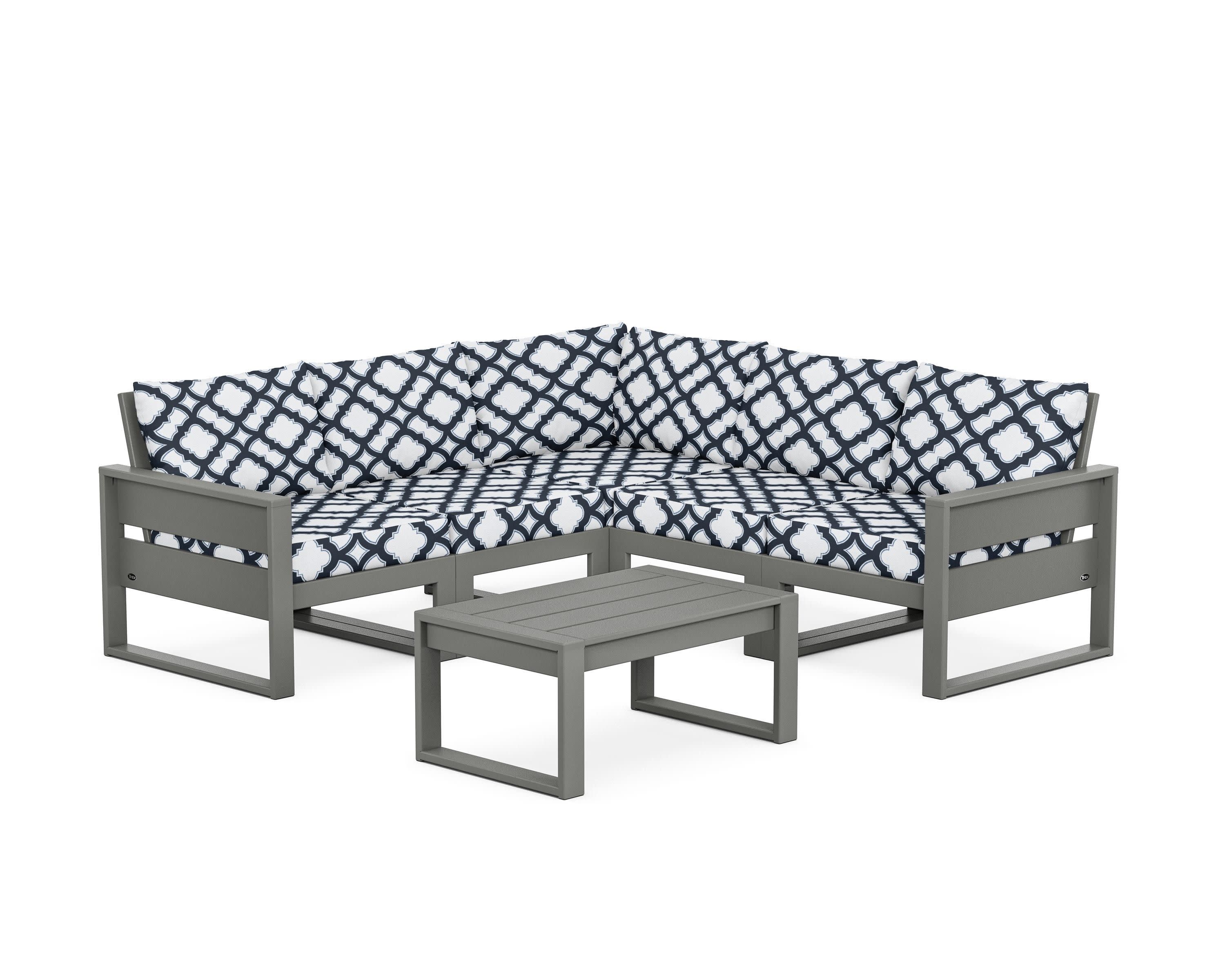 Eastport 6-Piece Deep Seating Sectional + Coffee Table Set in Stepping Stone / Trellis Marine Indigo