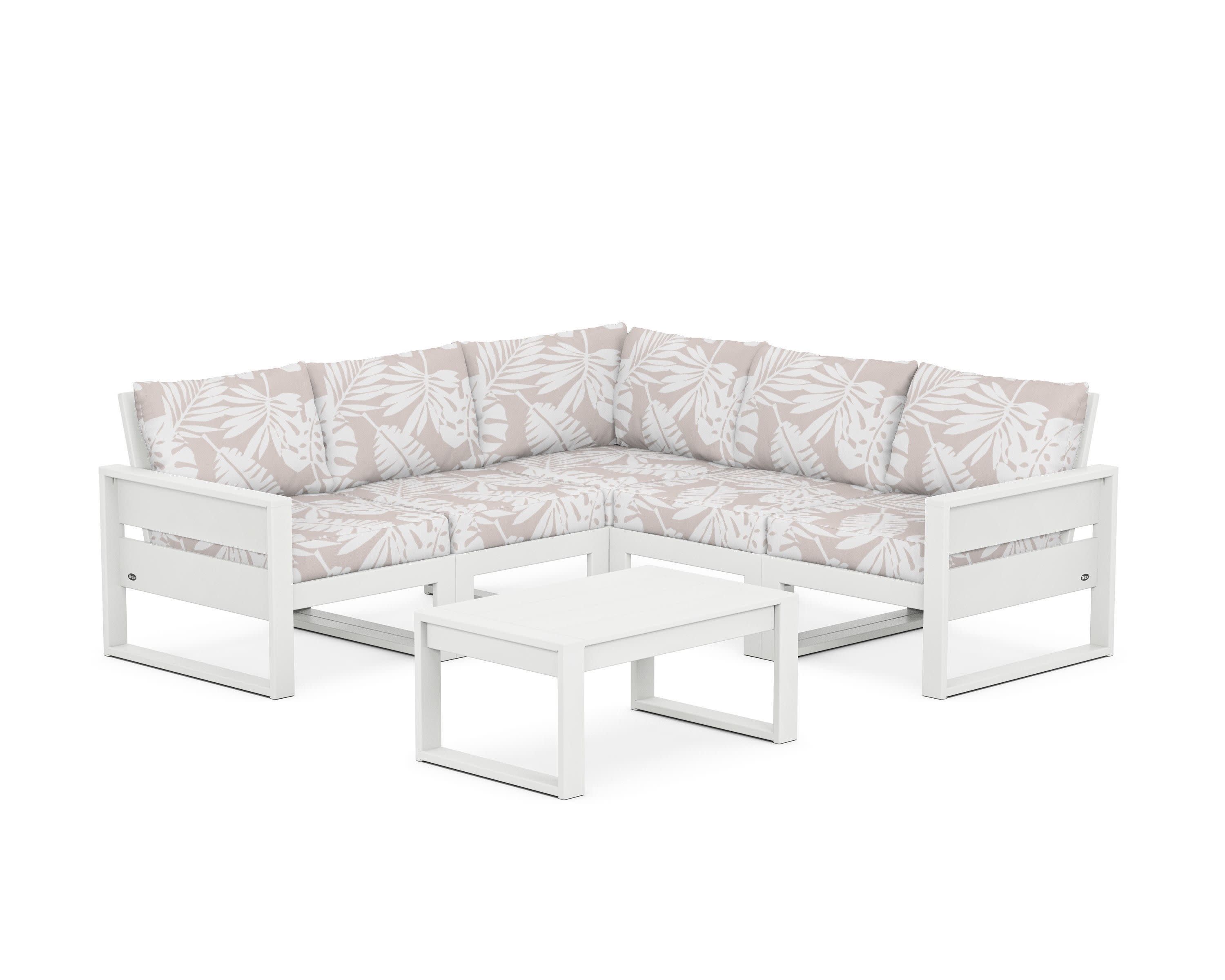Eastport 6-Piece Deep Seating Sectional + Coffee Table Set in Classic White / Leaf Dune Burlap