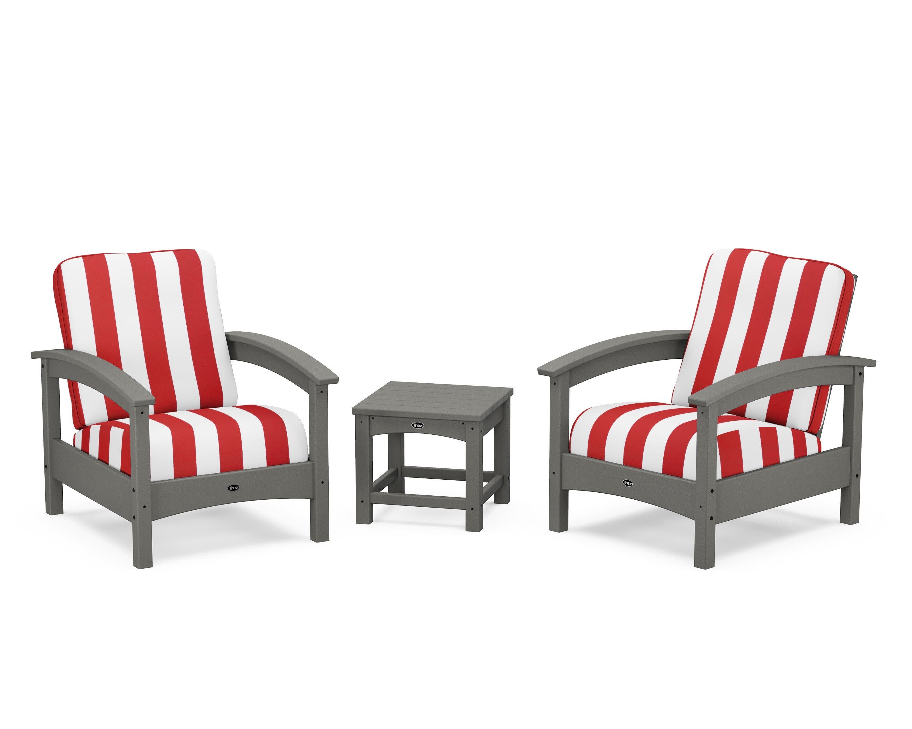 Rockport Club 3-Piece Deep Seating Conversation Set in Stepping Stone / Cabana Stripe Crimson