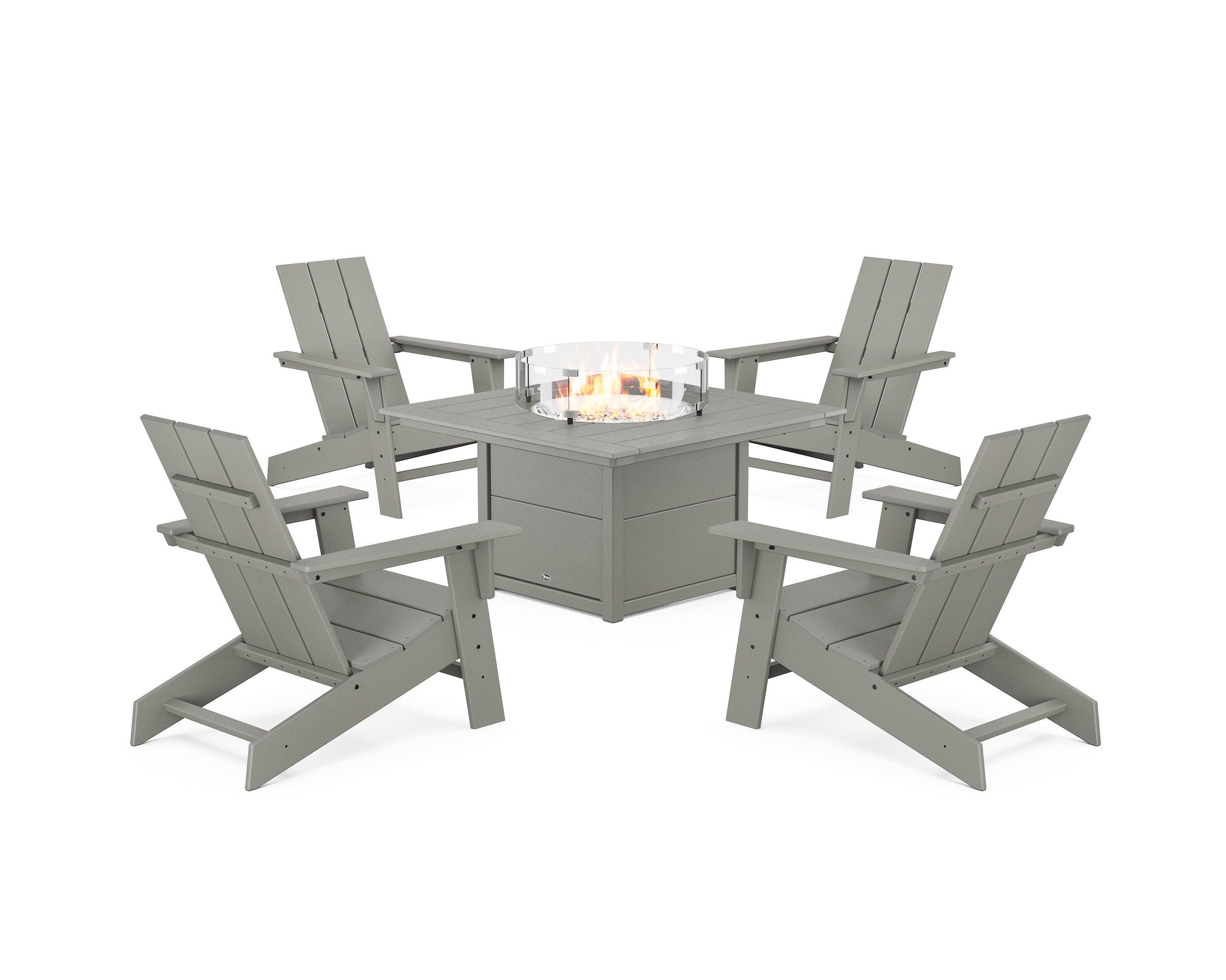 Eastport Modern Adirondack 5-Piece Set with Square Fire Pit Table in Stepping Stone