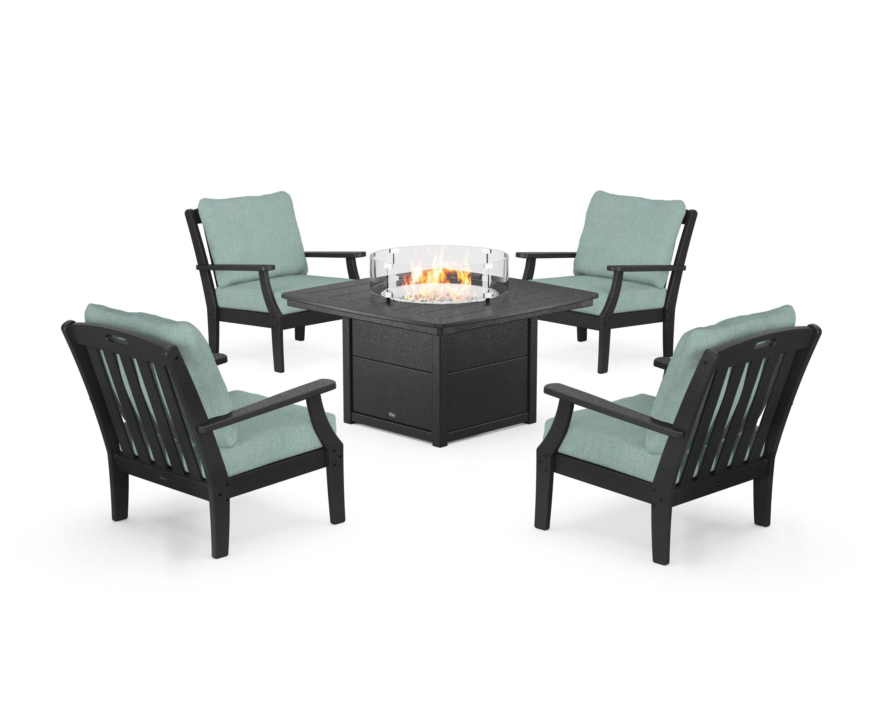 Yacht Club 5-Piece Deep Seating Set with Fire Pit Table in Charcoal Black / Glacier Spa