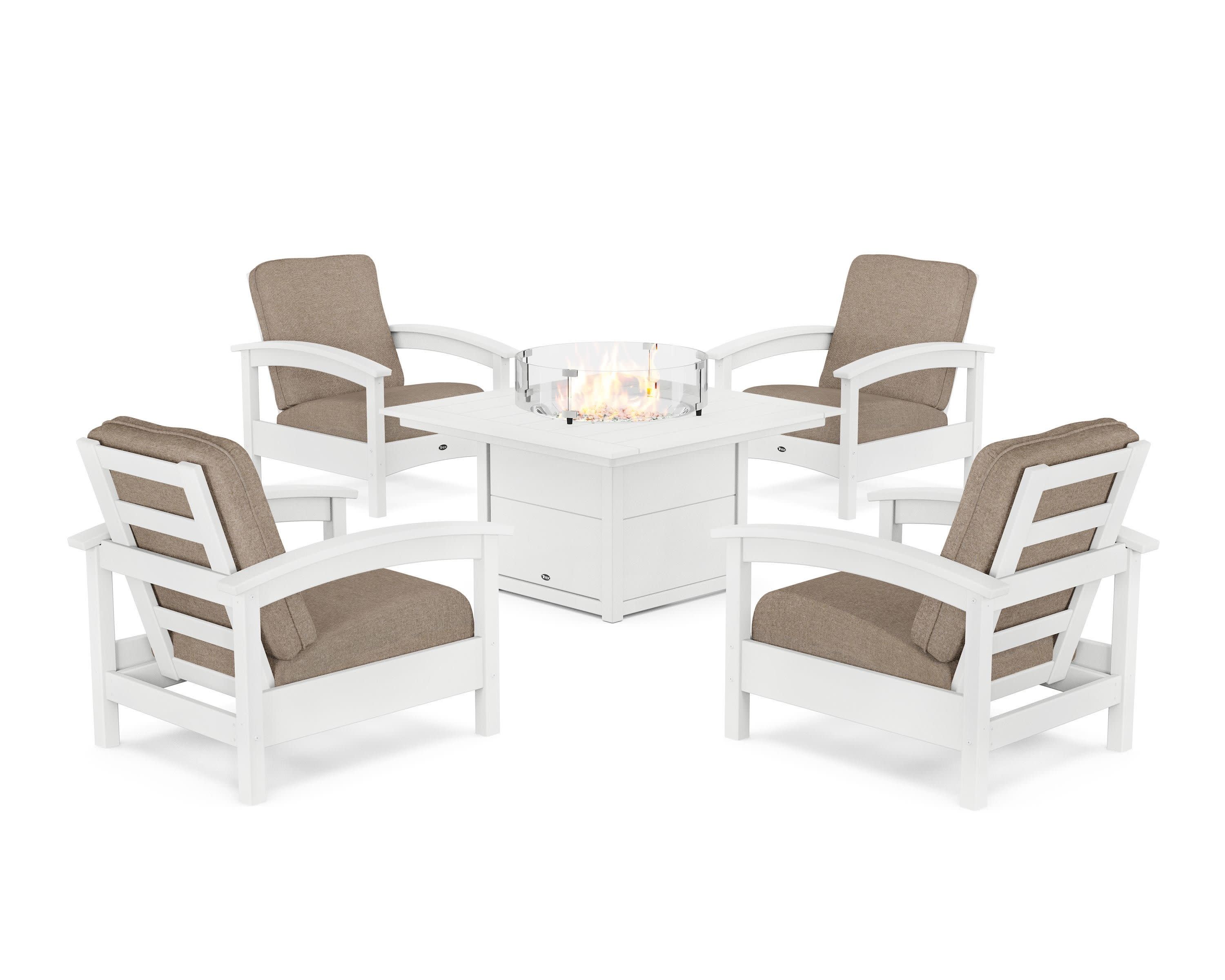 Rockport 5-Piece Deep Seating Set with Square Fire Pit Table in Classic White / Spiced Burlap