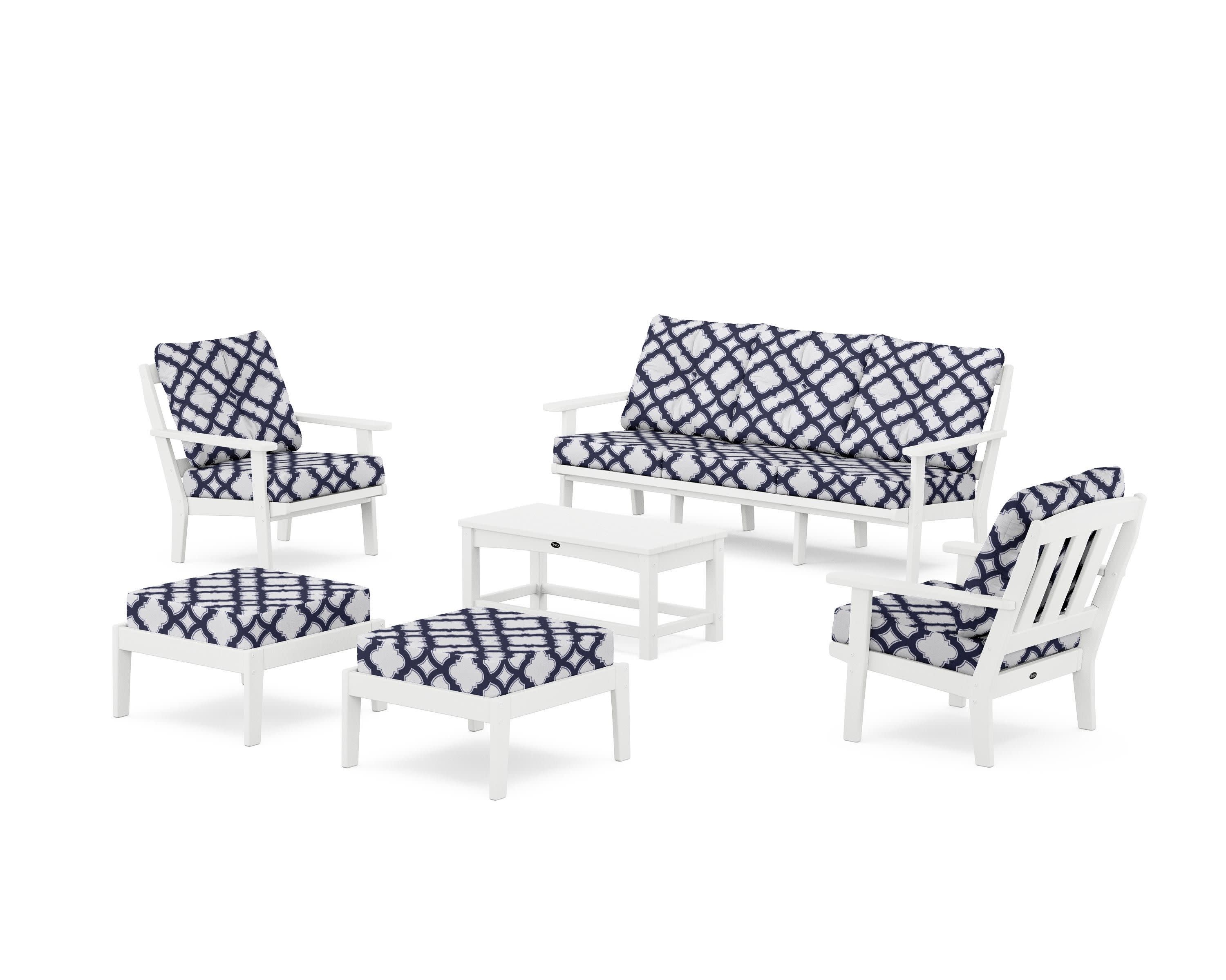 Cape Cod 6-Piece Lounge Sofa Set in Classic White / Trellis Navy