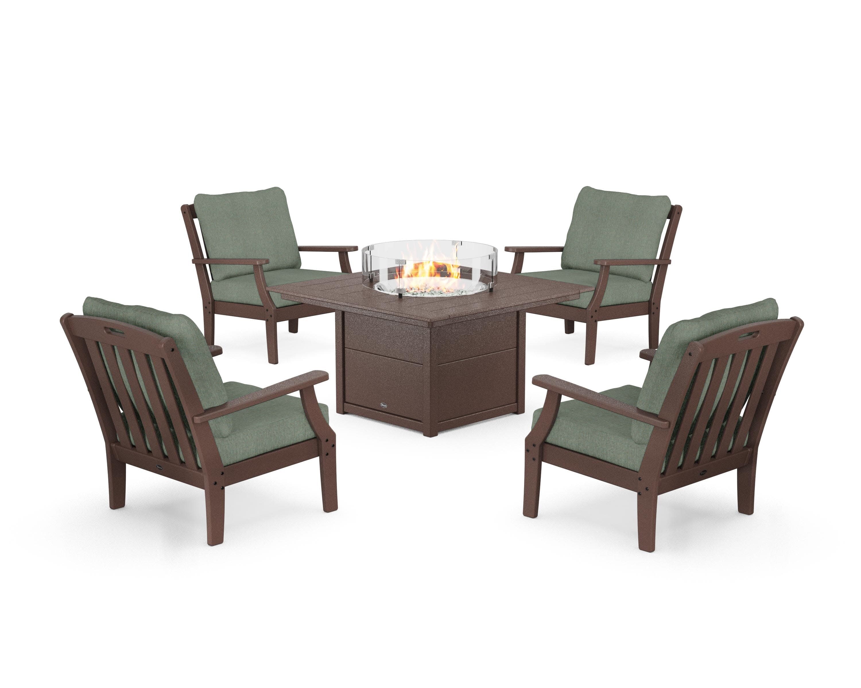 Yacht Club 5-Piece Deep Seating Set with Square Fire Pit Table in Vintage Lantern / Cast Sage