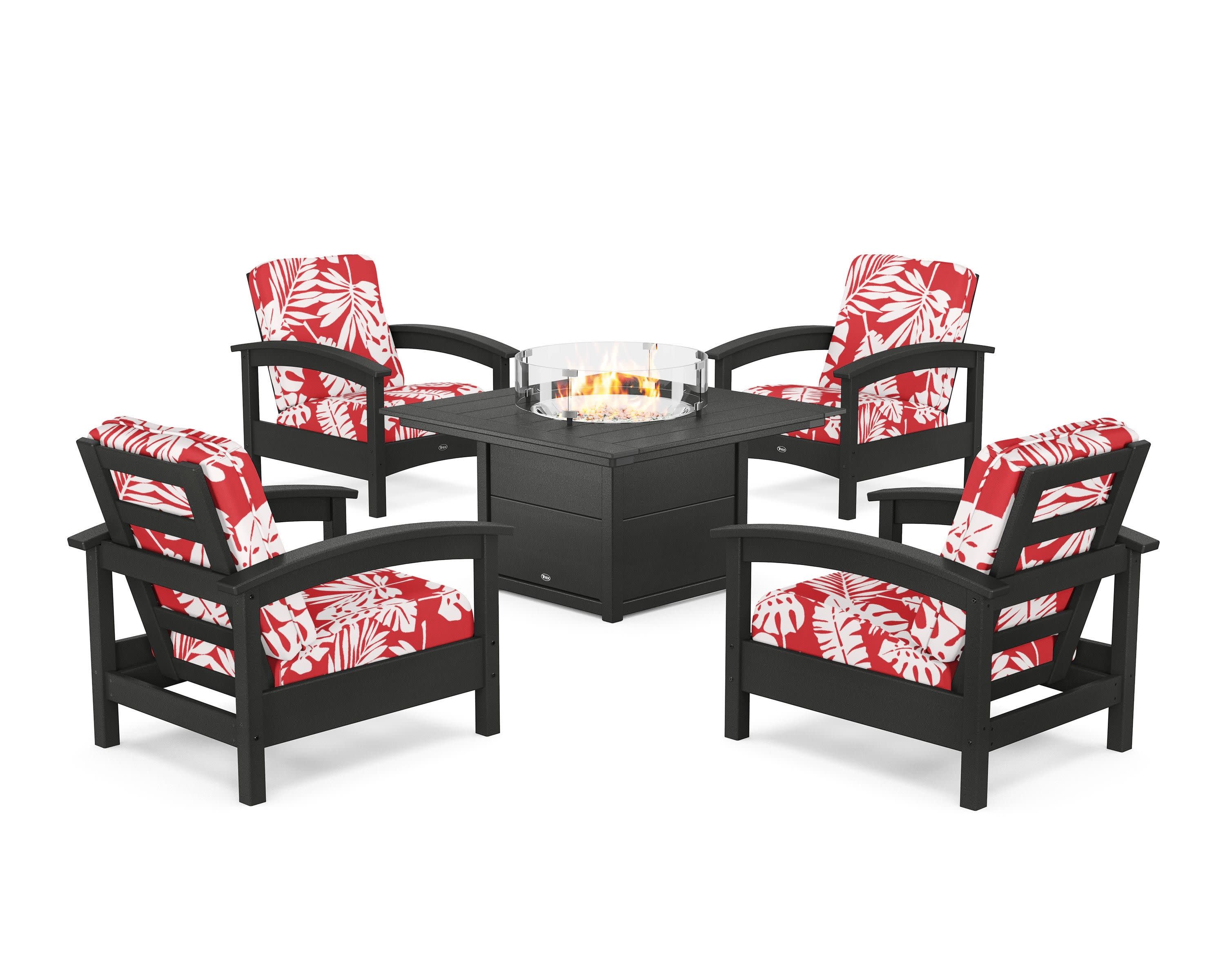 Rockport 5-Piece Deep Seating Set with Square Fire Pit Table in Charcoal Black / Leaf Crimson