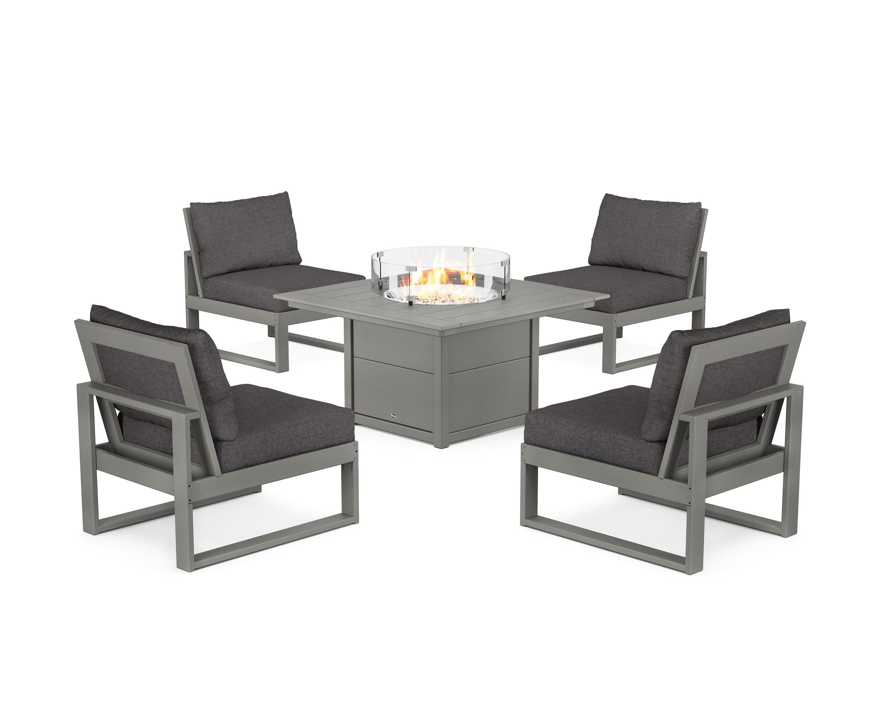 Eastport Modular 5-Piece Deep Seating Set with Square Fire Pit Table in Stepping Stone / Ash Charcoal
