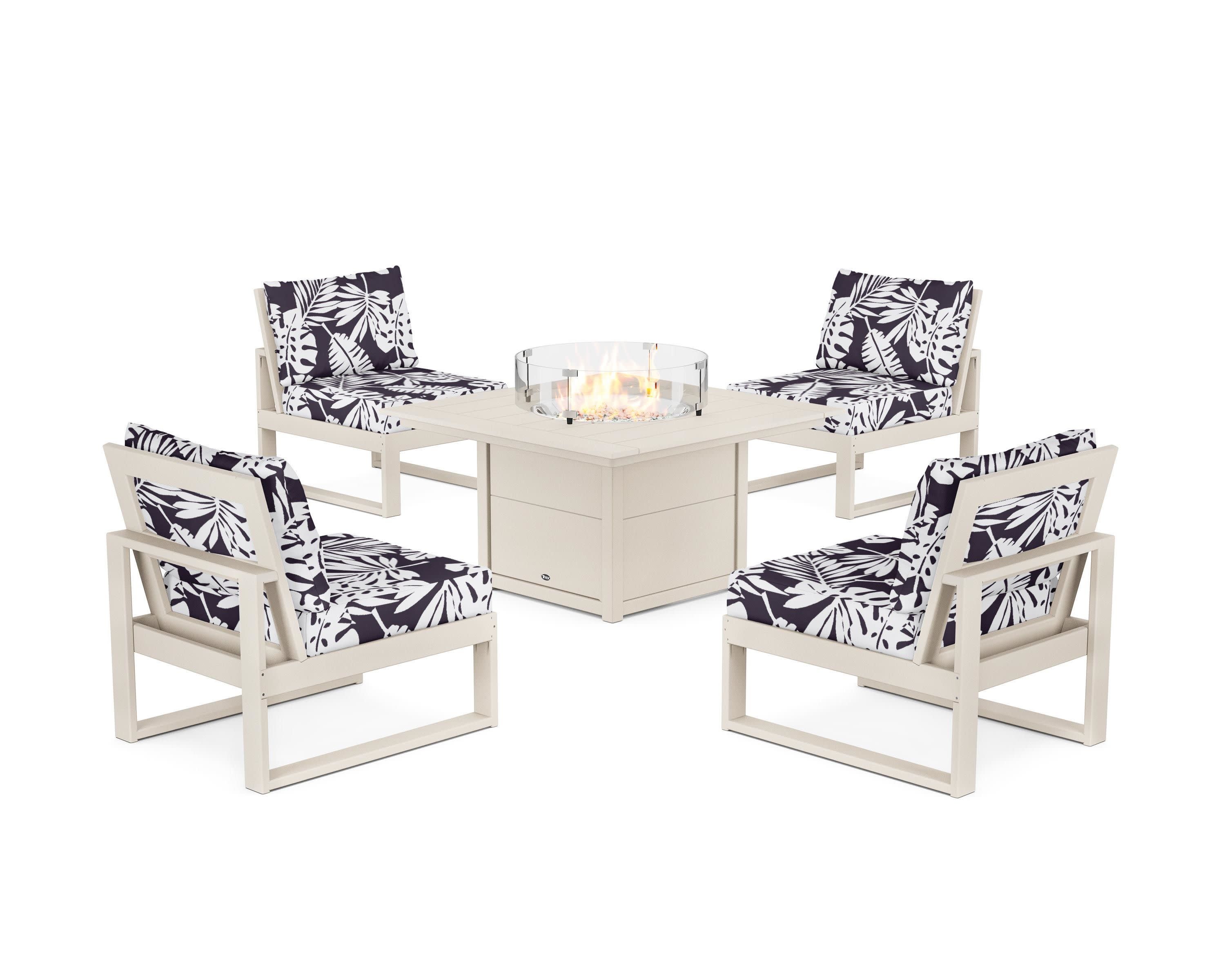 Eastport Modular 5-Piece Deep Seating Set with Square Fire Pit Table in Sand Castle / Leaf Navy