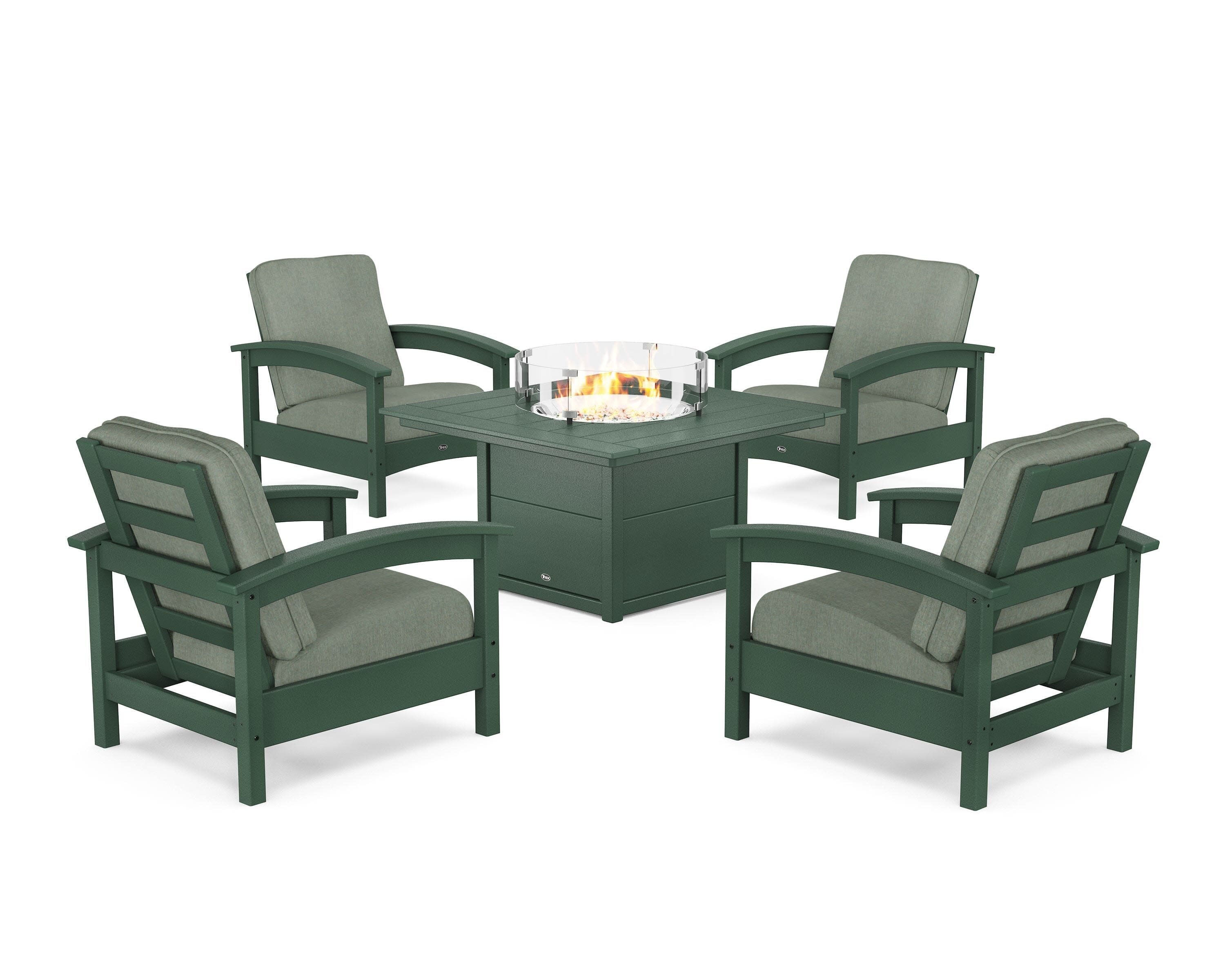 Rockport 5-Piece Deep Seating Set with Square Fire Pit Table in Rainforest Canopy / Cast Sage