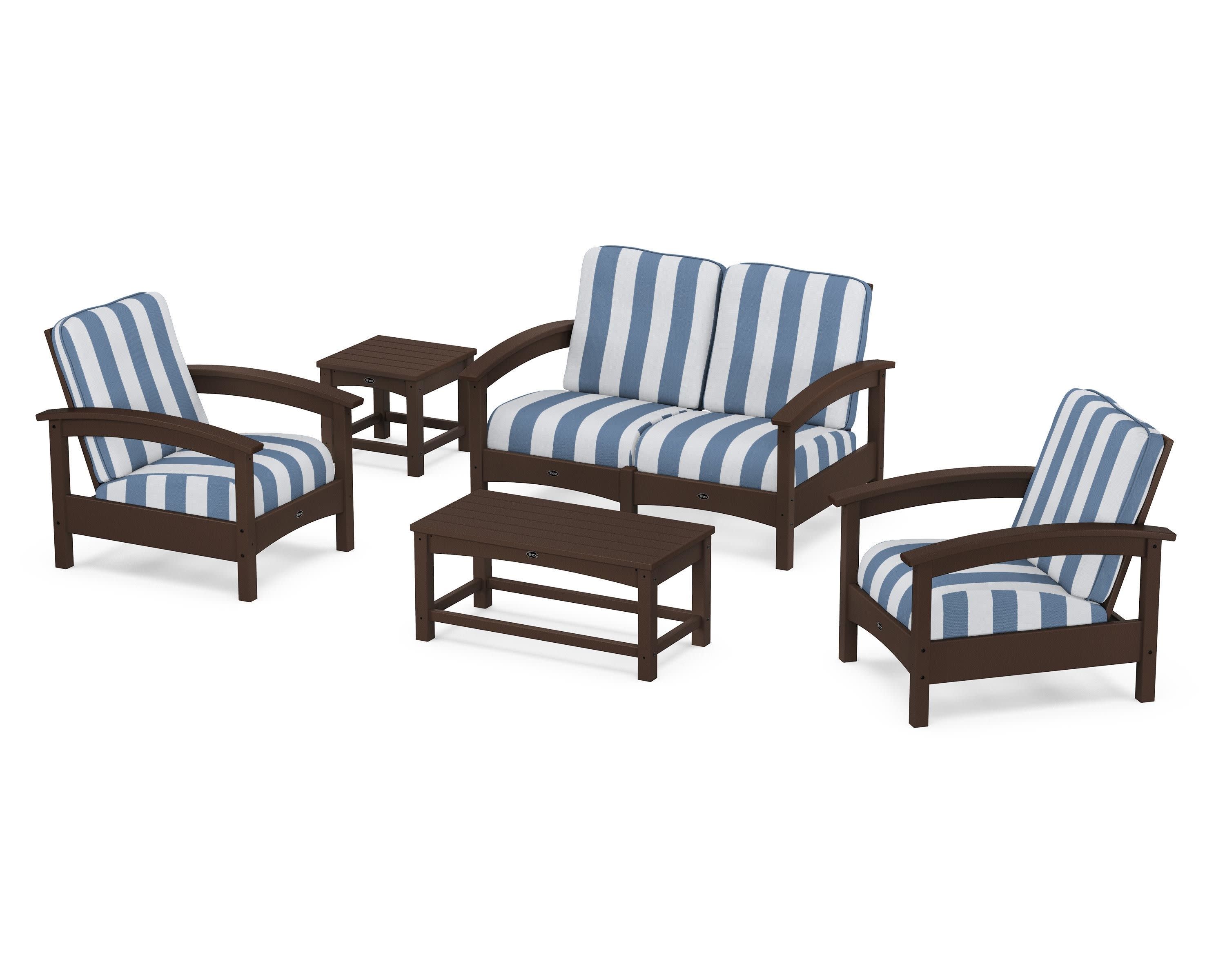 Rockport Club 6-Piece Deep Seating Conversation Set in Vintage Lantern / Cabana Stripe Sky Blue