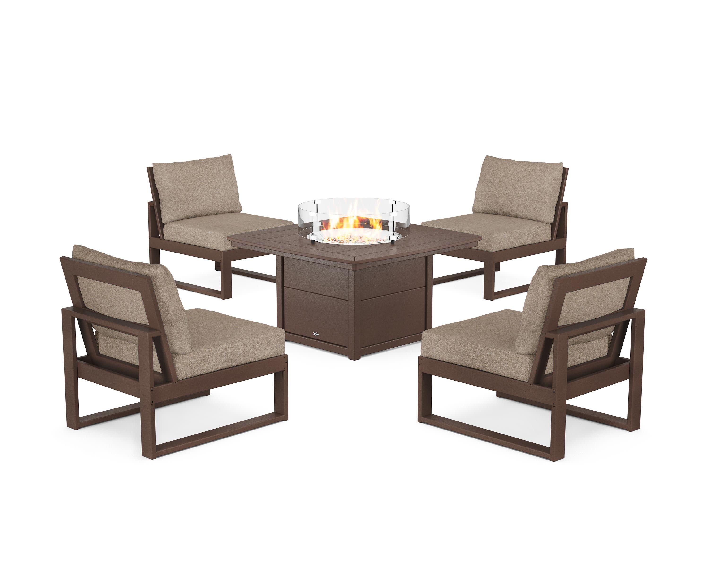 Eastport Modular 5-Piece Deep Seating Set with Yacht Club Fire Pit Table in Vintage Lantern / Spiced Burlap